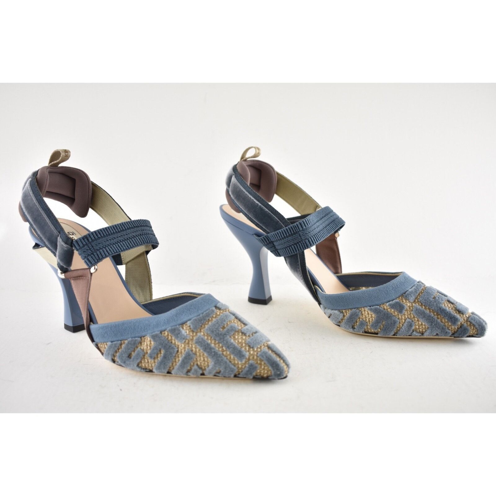 Fendi Fendi Colibri Lite 85mm Blue Velvet Beige FF Logo Pump 39 Size US 9 / IT 39 - 4 Thumbnail