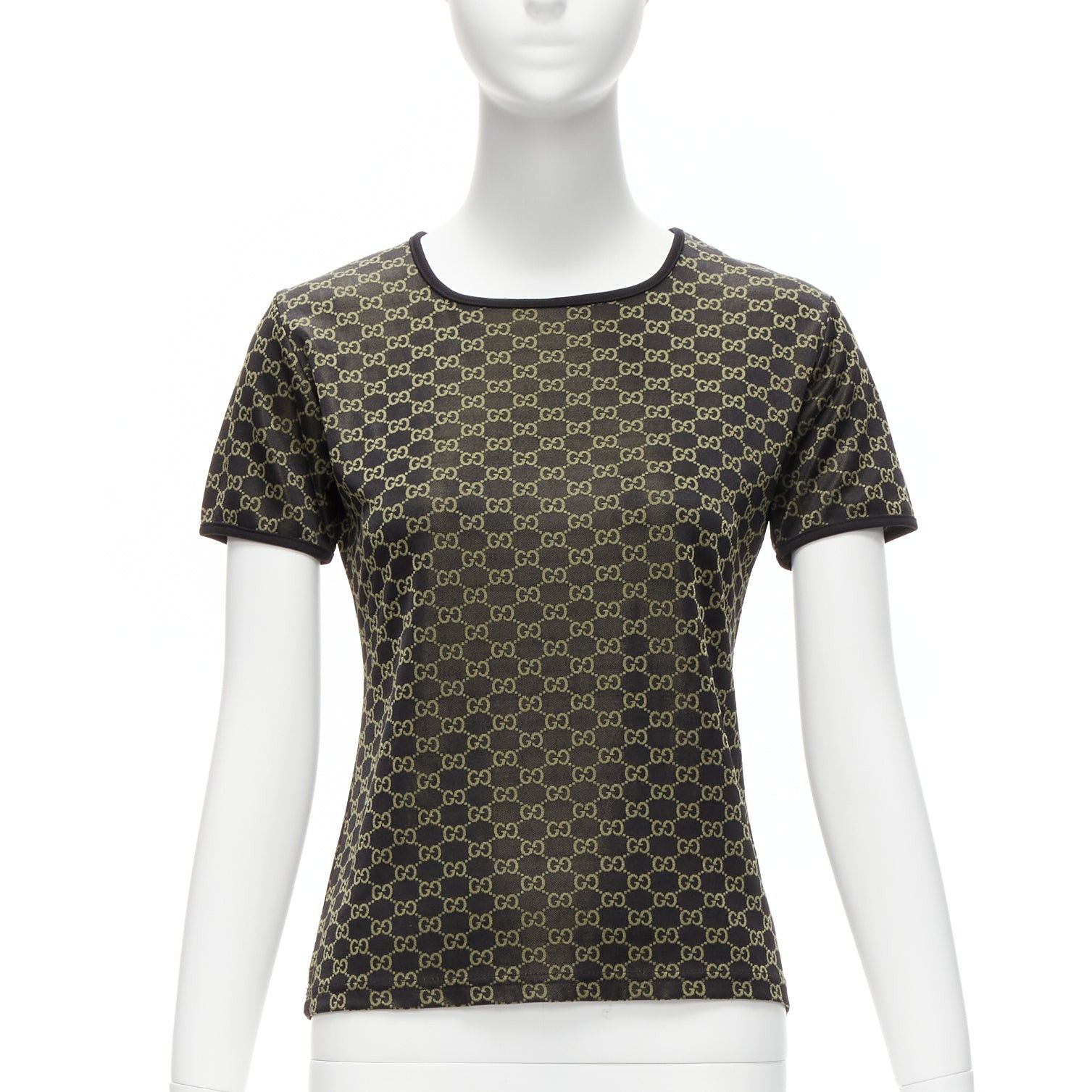 Image of Gucci Tom Ford Vintage Gold Black GG Monogram Logo Crew Neck Ringer Top, Women's