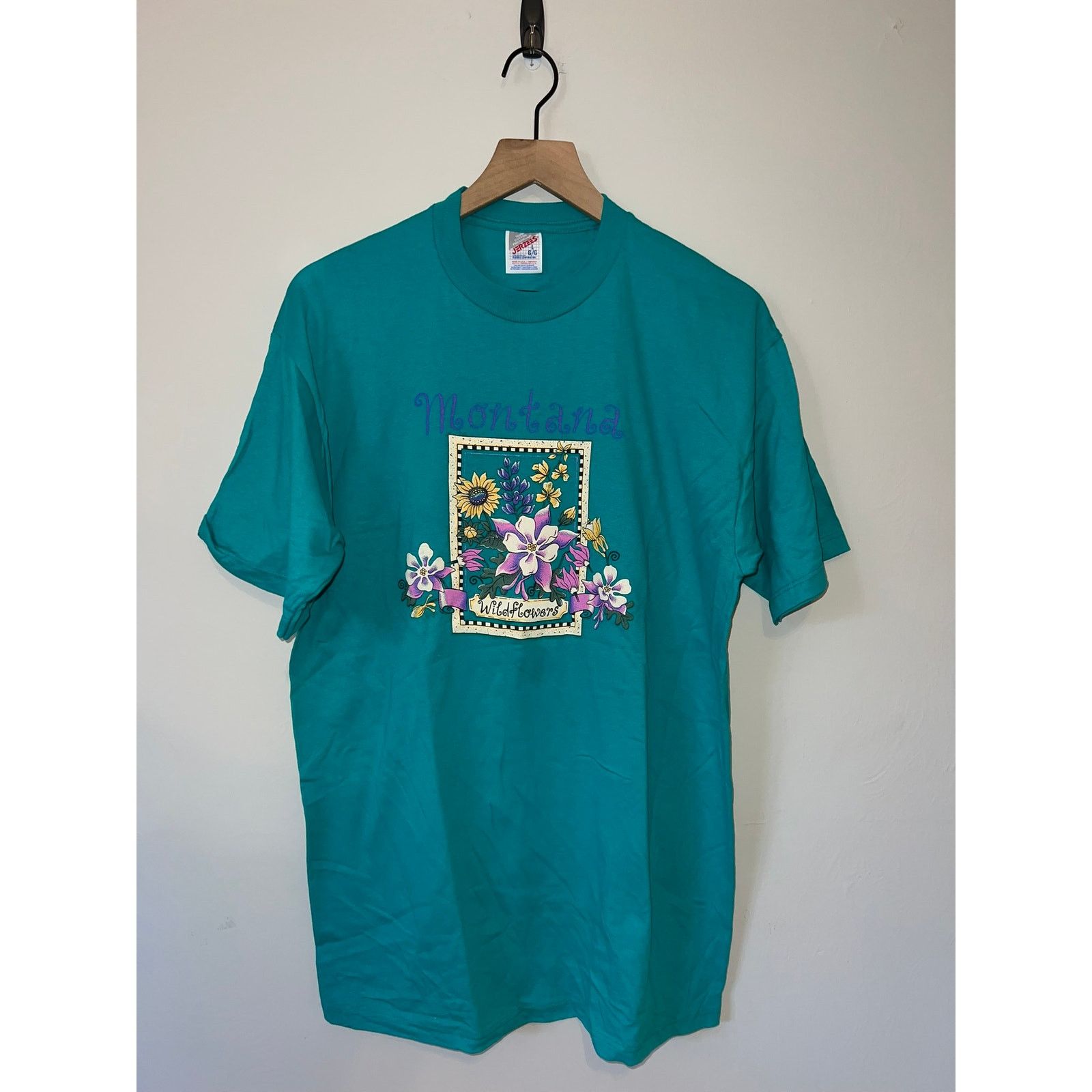 Jerzees 90s Vintage Montana Wildflowers Teal Flower Shirt Large L Size US L / EU 52-54 / 3 - 1 Thumbnail