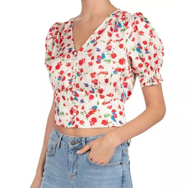 The Kooples The Kooples Country Flowers Puff Sleeve Crop Top Blouse Size M / US 6-8 / IT 42-44 - 12 Thumbnail