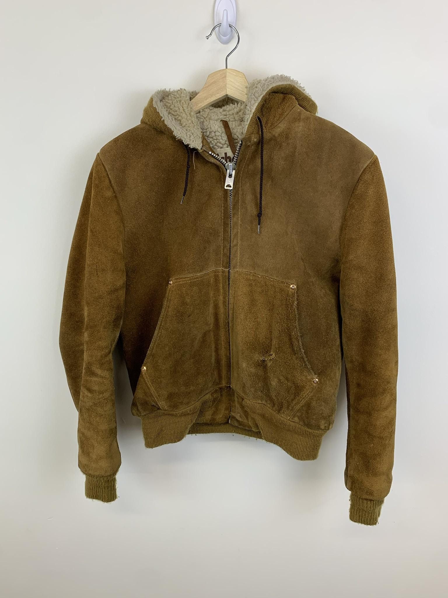 image of Carhartt x Vintage 80's Schott Suede Leather Hooded Fleece Lined Jacket in Brown, Men's (Size Small