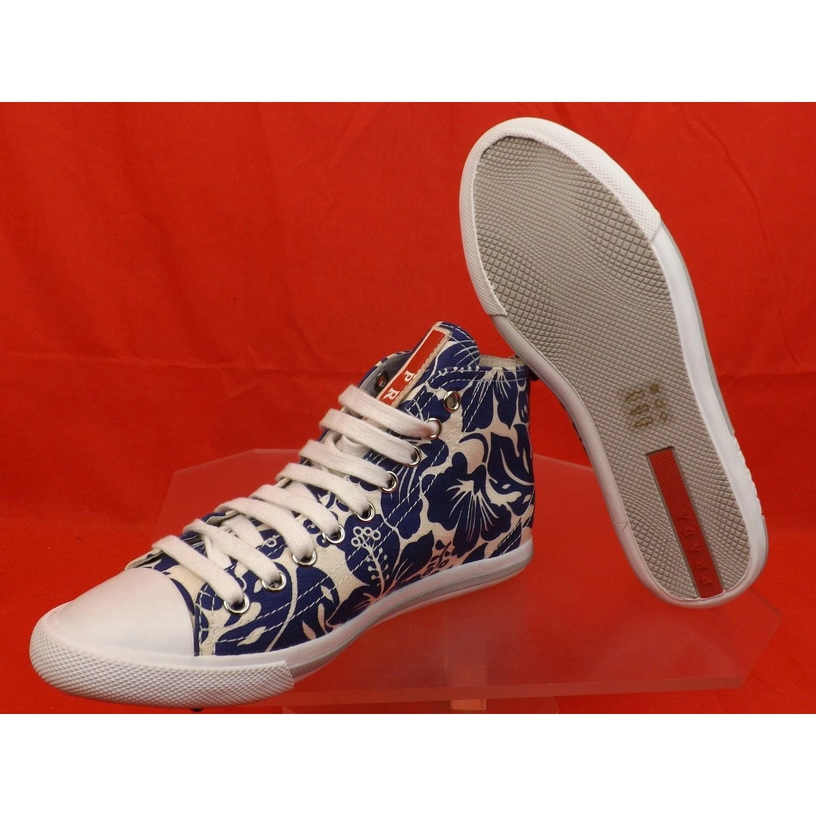 Prada PRADA 3T573 BLUE FLORAL DENIM LEATHER HIGH TOP SNEAKERS 35.5 Size US 5.5 / IT 35.5 - 9 Thumbnail