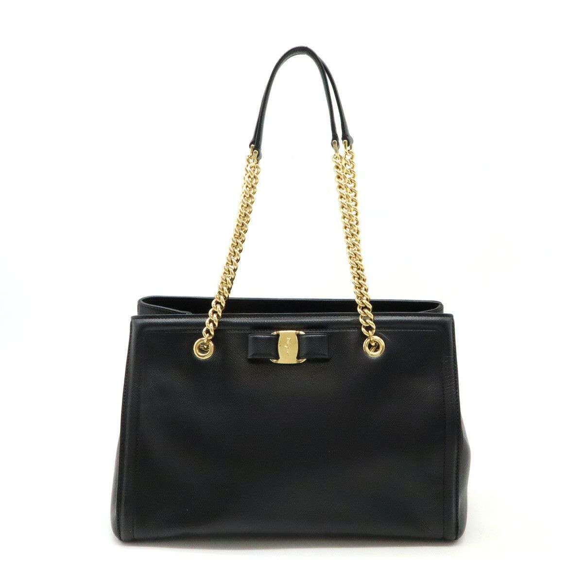 Salvatore Ferragamo Salvatore Ferragamo Leather Vara Chain Tote Bag Black Leather Shoulder Bag, Women's