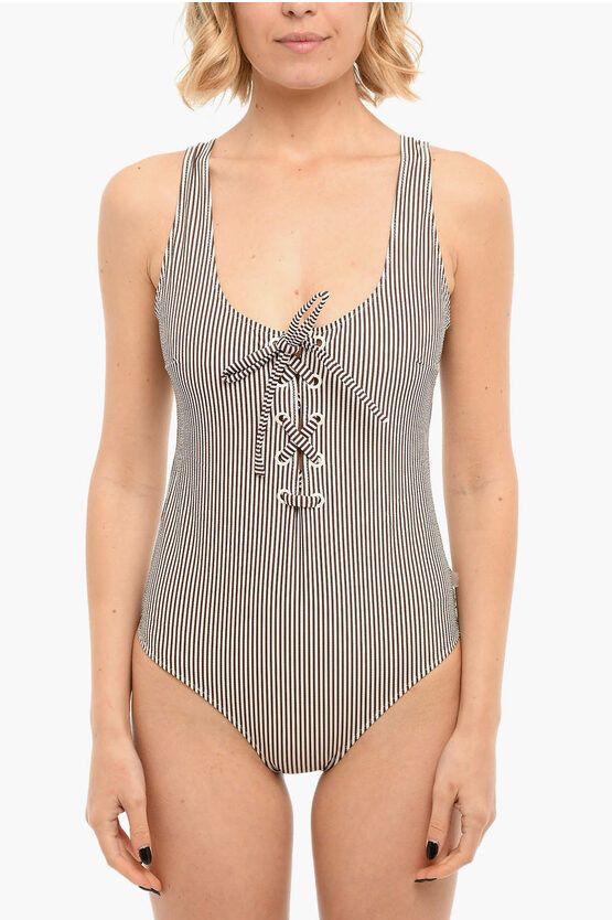 og1mm0624 Striped Piece Swimsuit in White/Brown