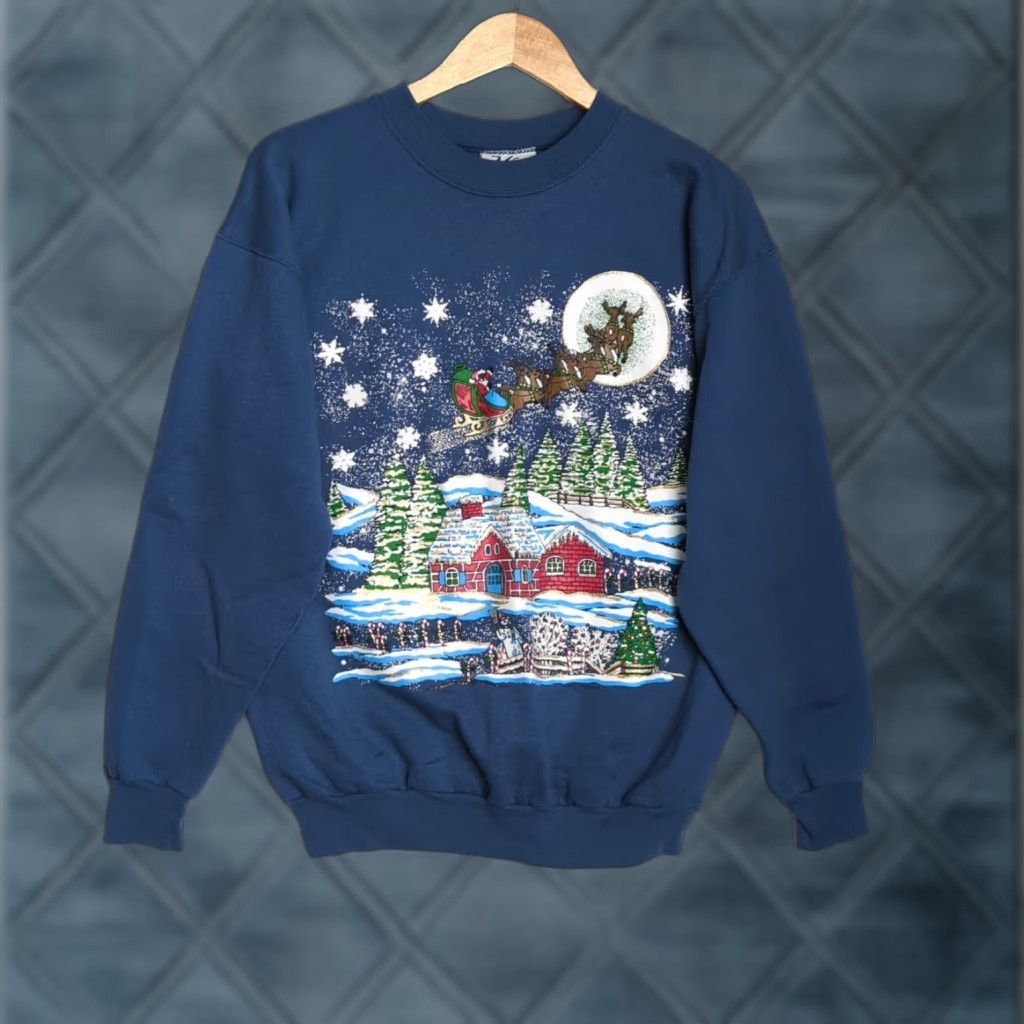 Vintage VINTAGE MC Sports Christmas Santa Reindeer Sweatshirt Women’s Medium Blue Crew Neck Long Sleeve Pullover Holiday Snowman Graphic Print Easy Care Size M / US 6-8 / IT 42-44 - 1 Thumbnail