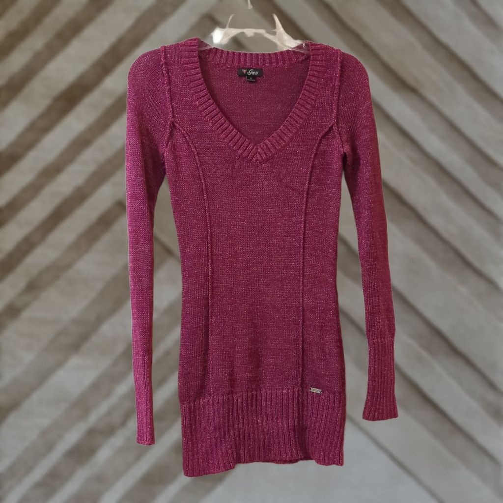 Guess GUESS Women's V-neck Long Tunic Sweater Pink Small Shimmer Glitter Knit Cotton Blend Size S / US 4 / IT 40 - 1 Thumbnail
