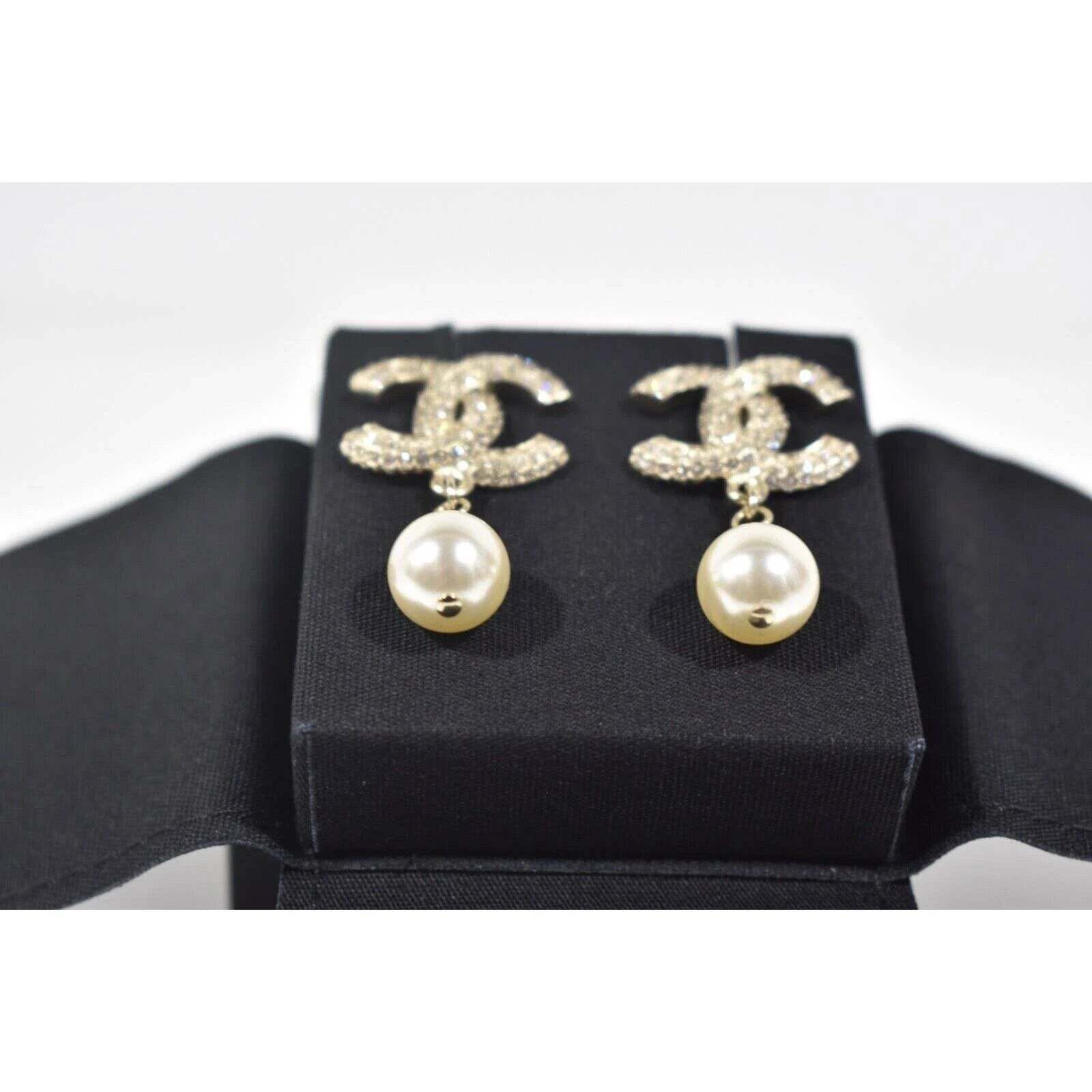 Chanel Chanel Gold Resin Crystal Pearl Statement Stud Drop Earrings Size ONE SIZE - 9 Thumbnail