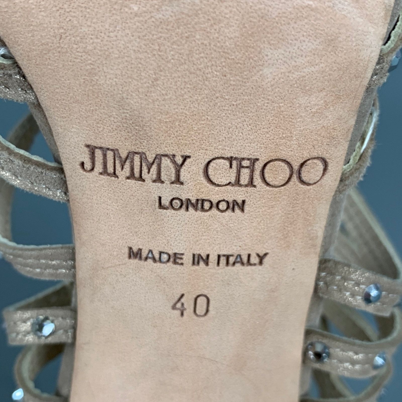 Jimmy Choo JIMMY CHOO 10 Beige Gold Suede Rhinestones Ankle Sandals Size US 10 / IT 40 - 8 Thumbnail