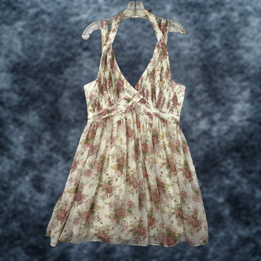 CO Ark & Co. Anthropologie Dress Women L Cream Floral Rose Pintuck Sleeveless Halter Dress Size L / US 10 / IT 46 - 1 Thumbnail