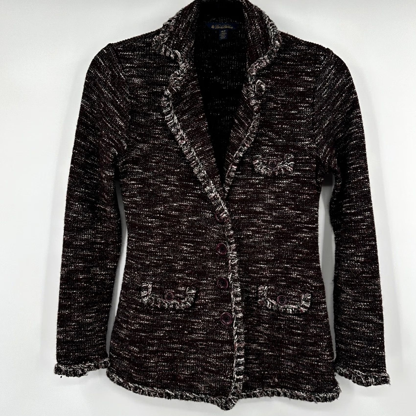Brooks Brothers Brooks Brothers Womens XS Burgundy Tweed Blazer Jacket Marled Knit Fringe Trim Size XS / US 0-2 / IT 36-38 - 2 Thumbnail