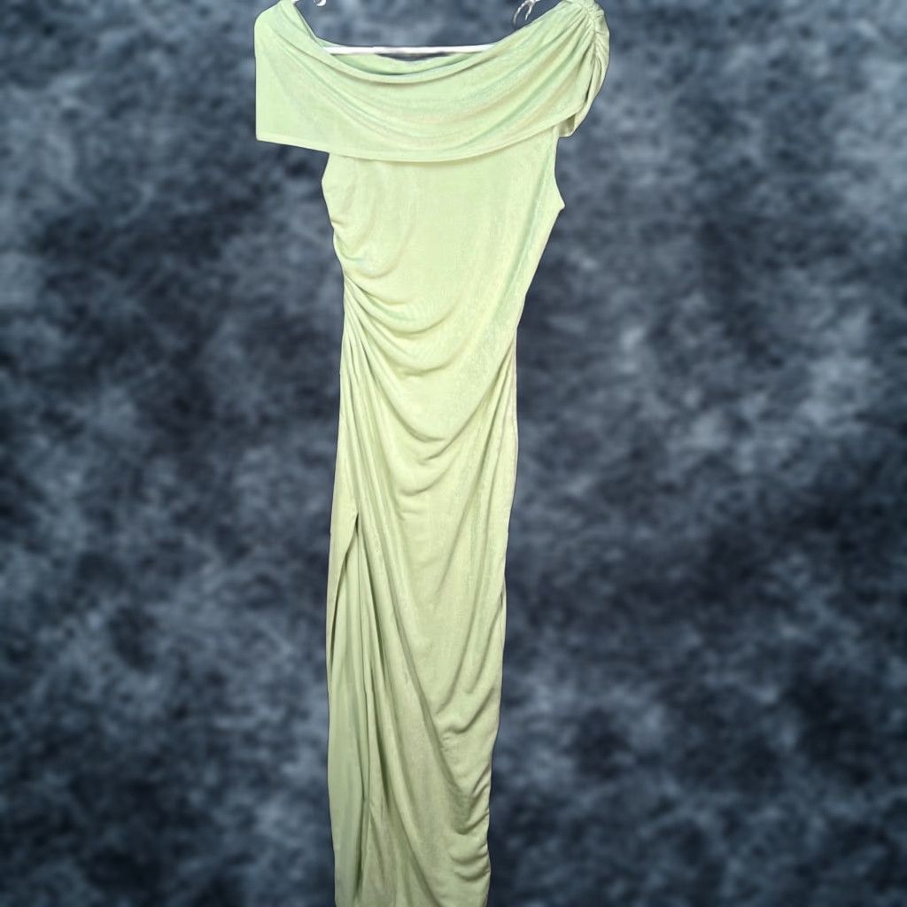 Vintage Katie May Womens XS Light Green Off-Shoulder Ruched Evening Gown Dress Long Formal Wedding Party Cocktail Ruched Gown Womens XS Green Katie May Size XS / US 0-2 / IT 36-38 - 1 Thumbnail