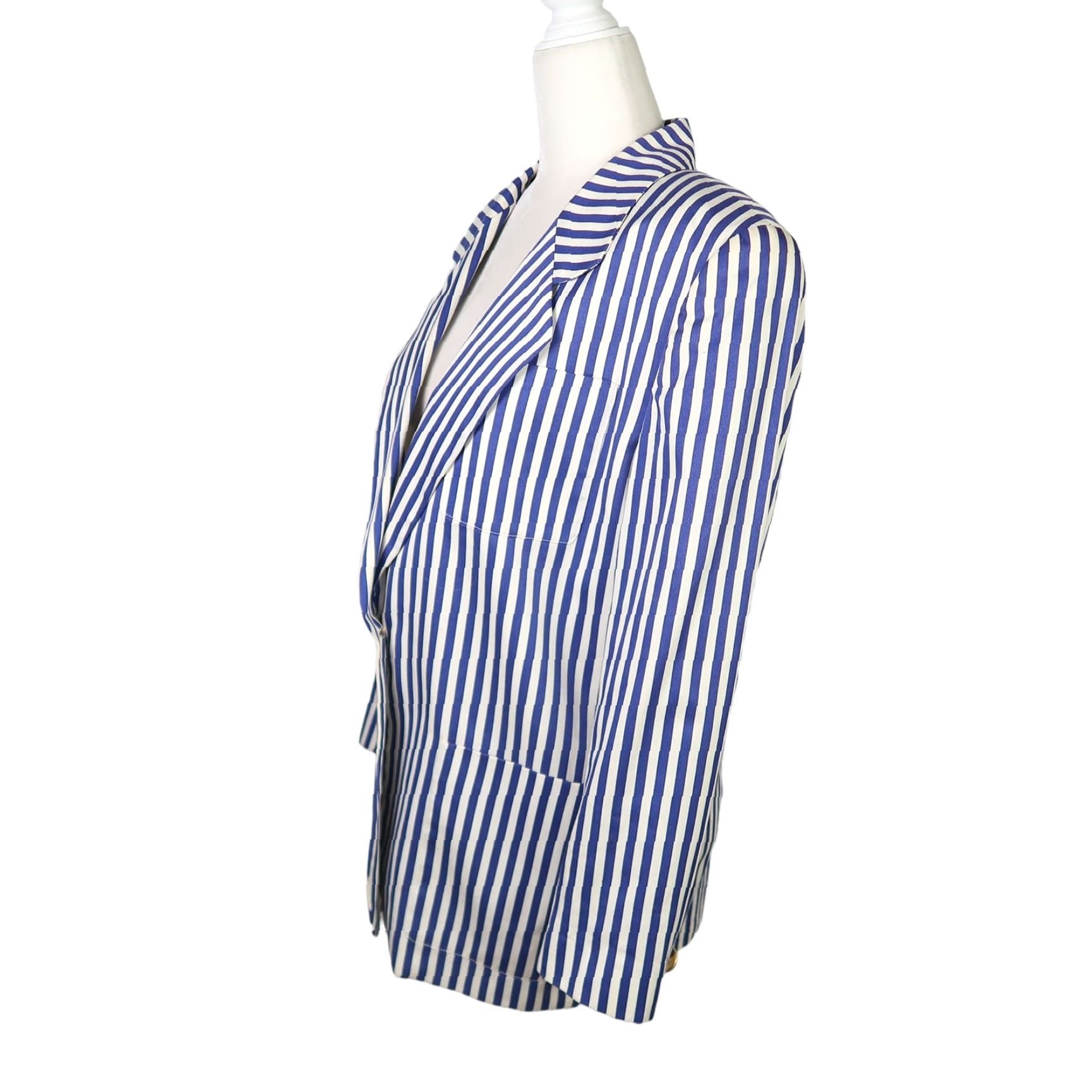Liz Claiborne VINTAGE Liz Claiborne Blue White Stripe Cotton Blazer Jacket 8 Petite Long Sleeve Buttoned 90s Sports Workwear Casual Womens Blazer Size M / US 6-8 / IT 42-44 - 3 Thumbnail