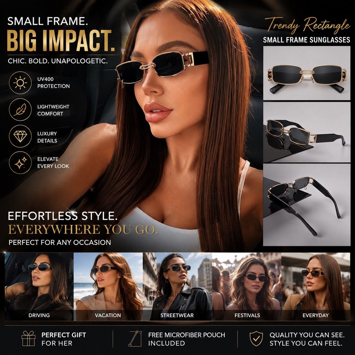 Other Luxury Small Frame Square Sunglasses Women Black Gold Size ONE SIZE - 6 Thumbnail