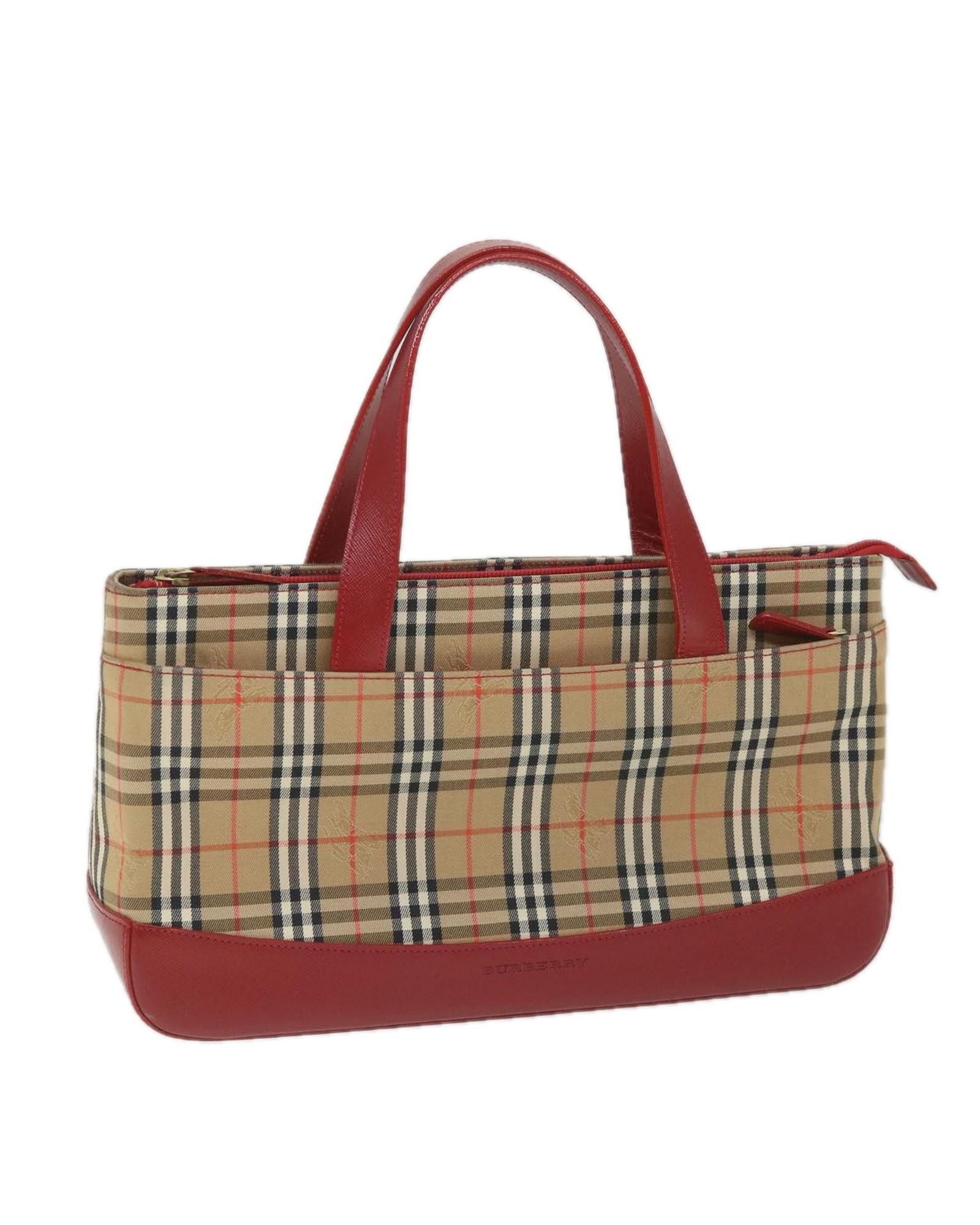 image of Burberry Checked Nylon Hand Bag In Beige And Red, Women's