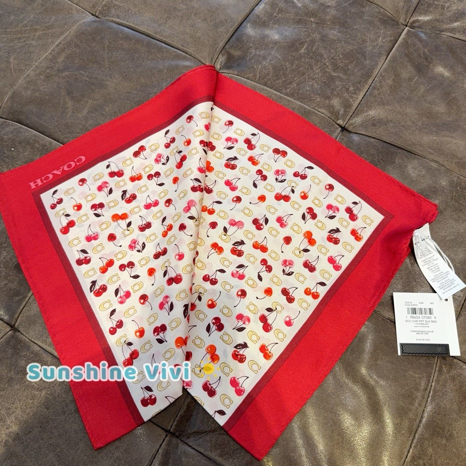 Coach NWT Coach Sculpted C Cherries Silk Bandana Chalk/Red CDG76 Size ONE SIZE - 4 Thumbnail