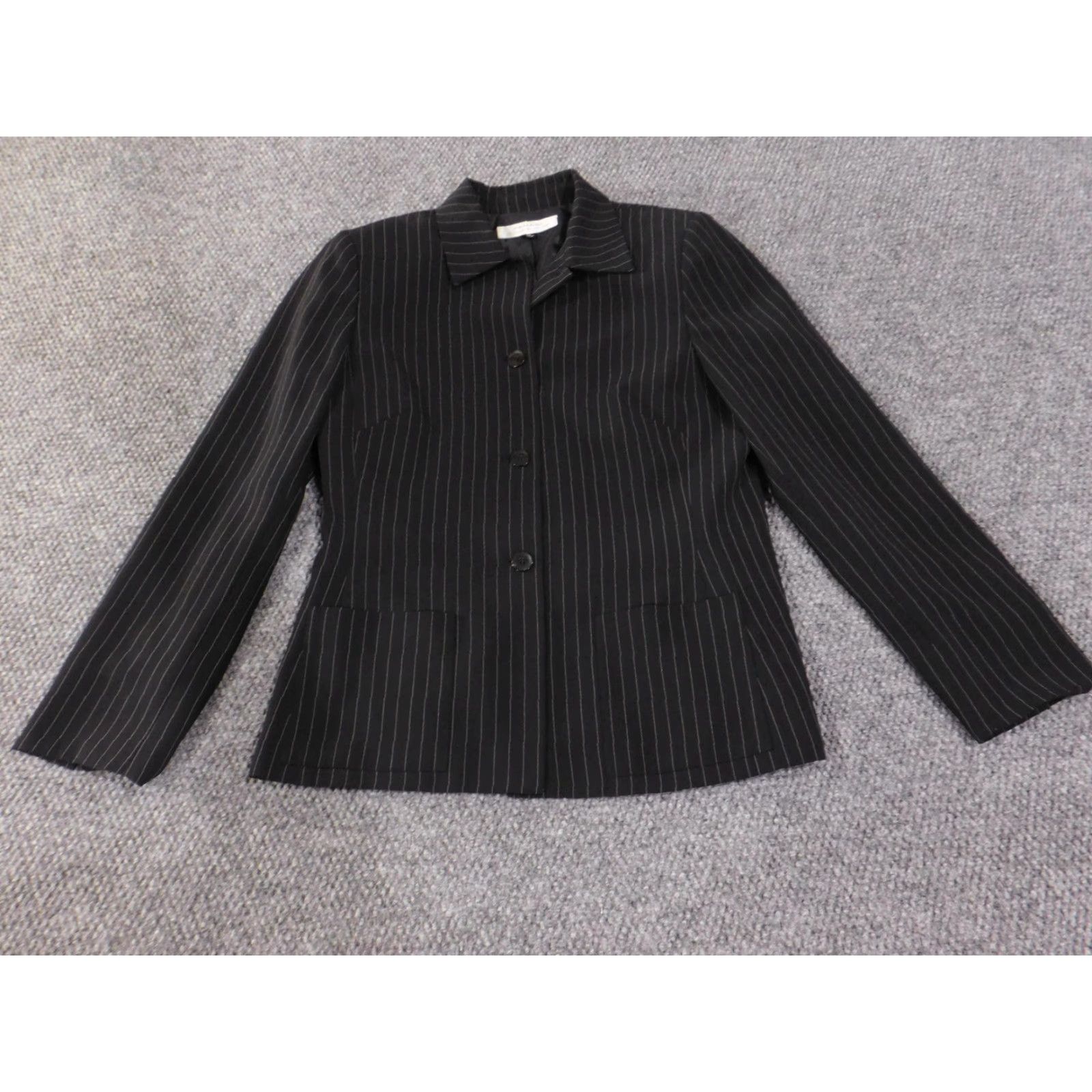 Vintage Tahari Arthur S. Levine Blazer Womens 10 Black Pinstripe 3 Button Career Work Jacket/Coat Size L / US 10 / IT 46 - 2 Thumbnail