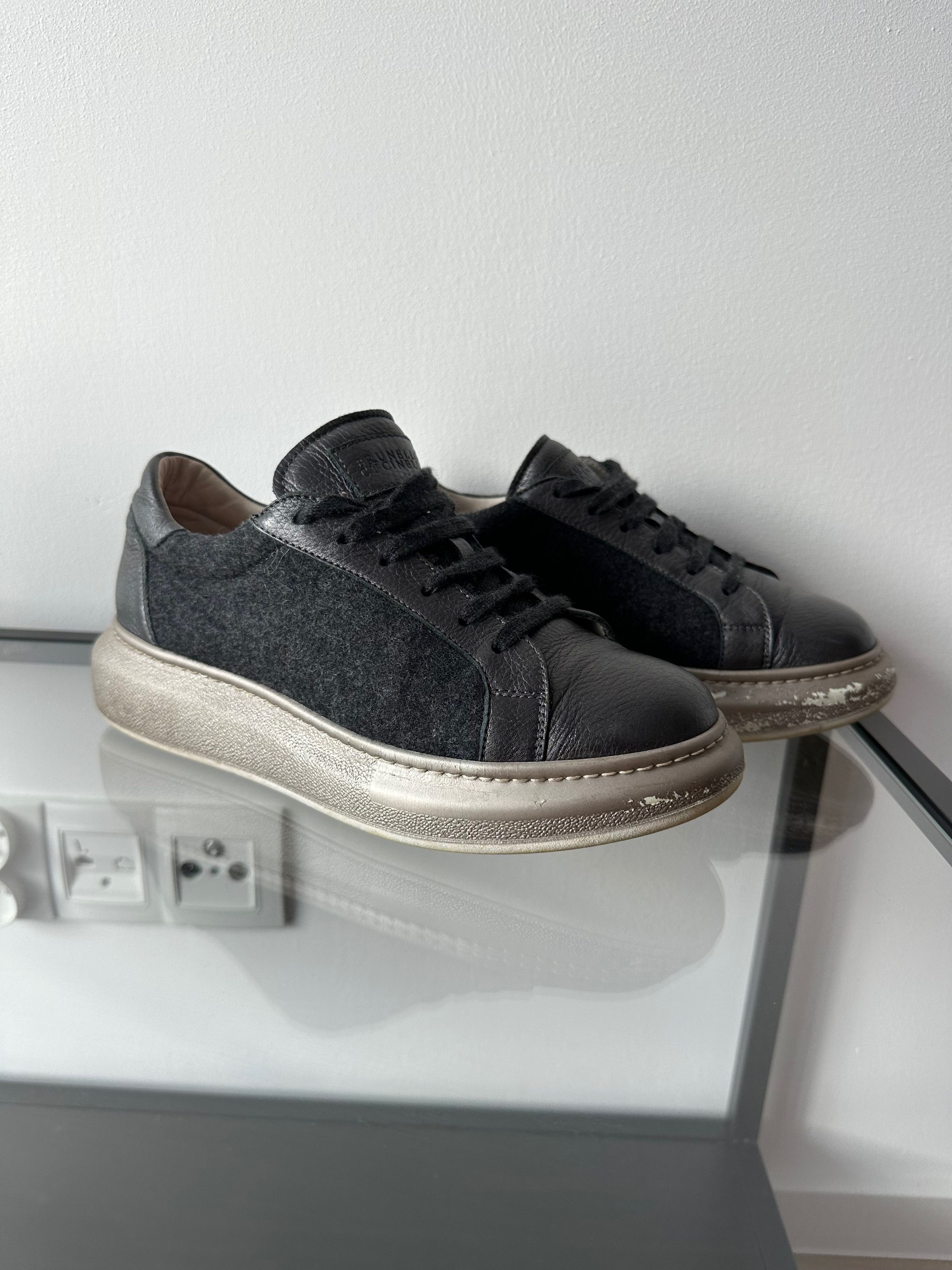 Brunello Cucinelli Brunello Cucinelli Dark Grey Wool Leather Platform Sneakers Size US 8.5 / IT 38.5 - 5 Thumbnail