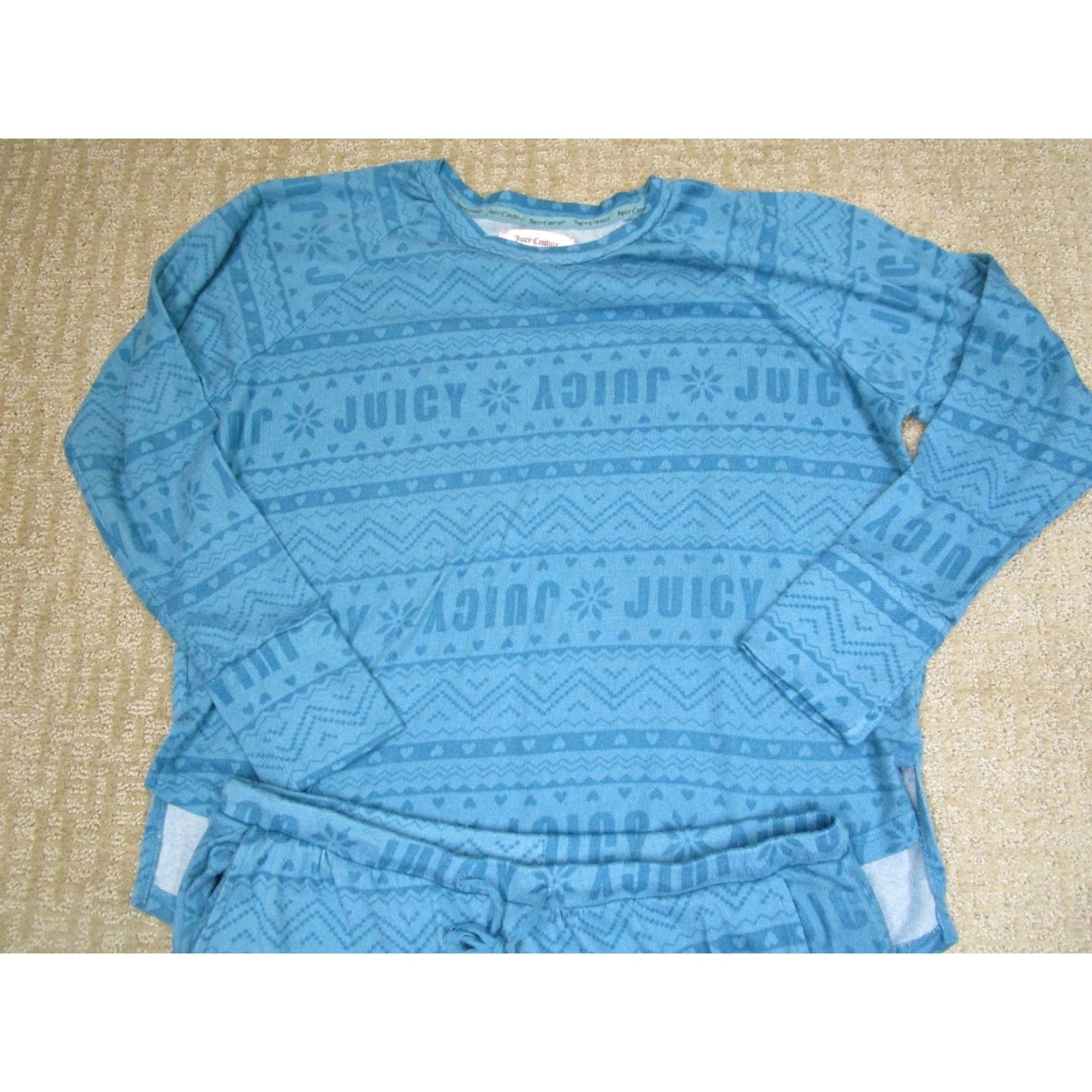 Juicy Couture Juicy Couture Pajama Set Women L Geometric Aztec Blue, Sleepwear, Cotton Polyester Knit, Logo, Crew Drawstring, Machine Washable, Loungewear Pajamas Size ONE SIZE - 2 Thumbnail