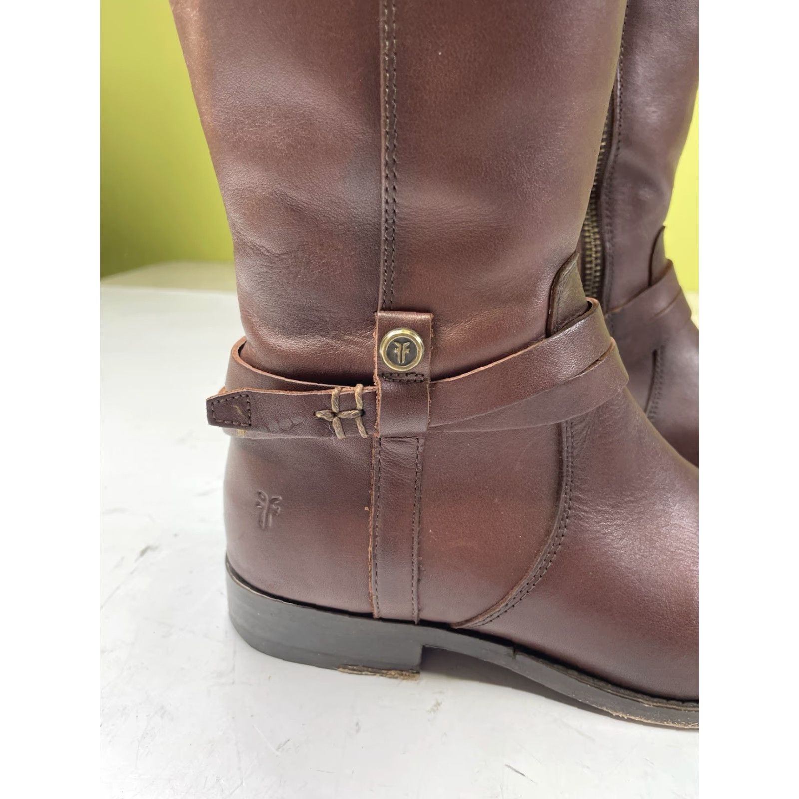 Frye Frye MELISSA BELTED TALL RIDING BOOTS Women 7.5 Redwood Brown Knee High Leather Zipper Belted Block Heel Size US 8 / IT 38 - 6 Thumbnail