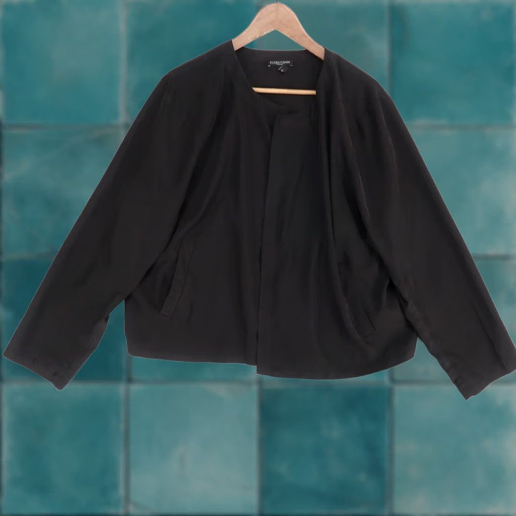 Eileen Fisher Eileen Fisher Jacket Womens 2X Black Open Front Collarless Tencel Lyocell Slim Casual Mens Womens Girls Boys Size XXL / US 16-18 / IT 52-54 - 1 Thumbnail