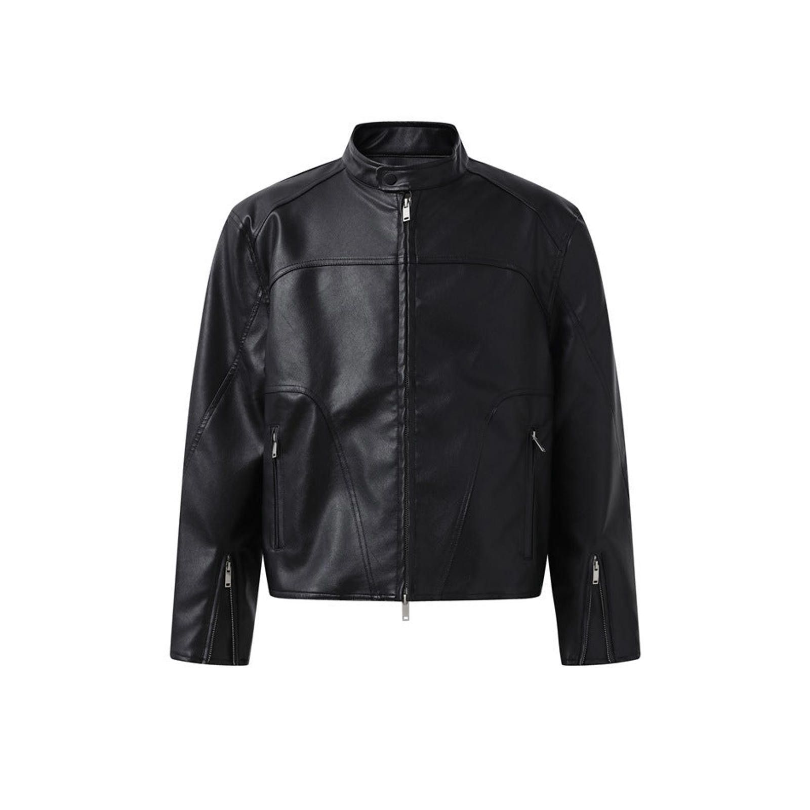 Leather Black Faux Leather Biker Jacket, Zip-Up Stand Collar Size US M / EU 48-50 / 2 - 1 Thumbnail