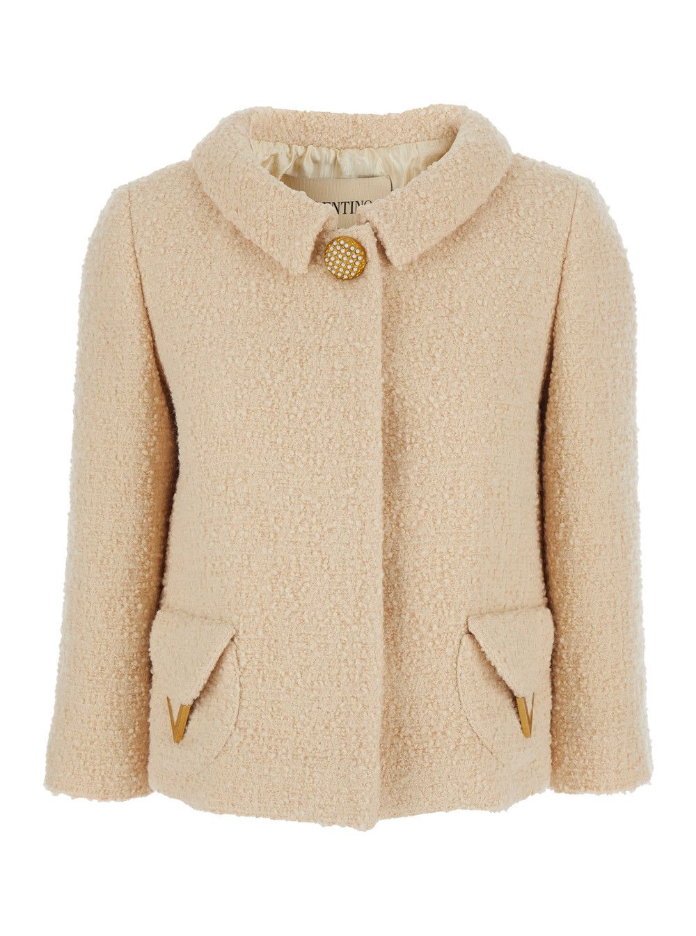 Beige Jacket with Classic Collar and VLogo Plaque on the Fornt in Wool Woman
