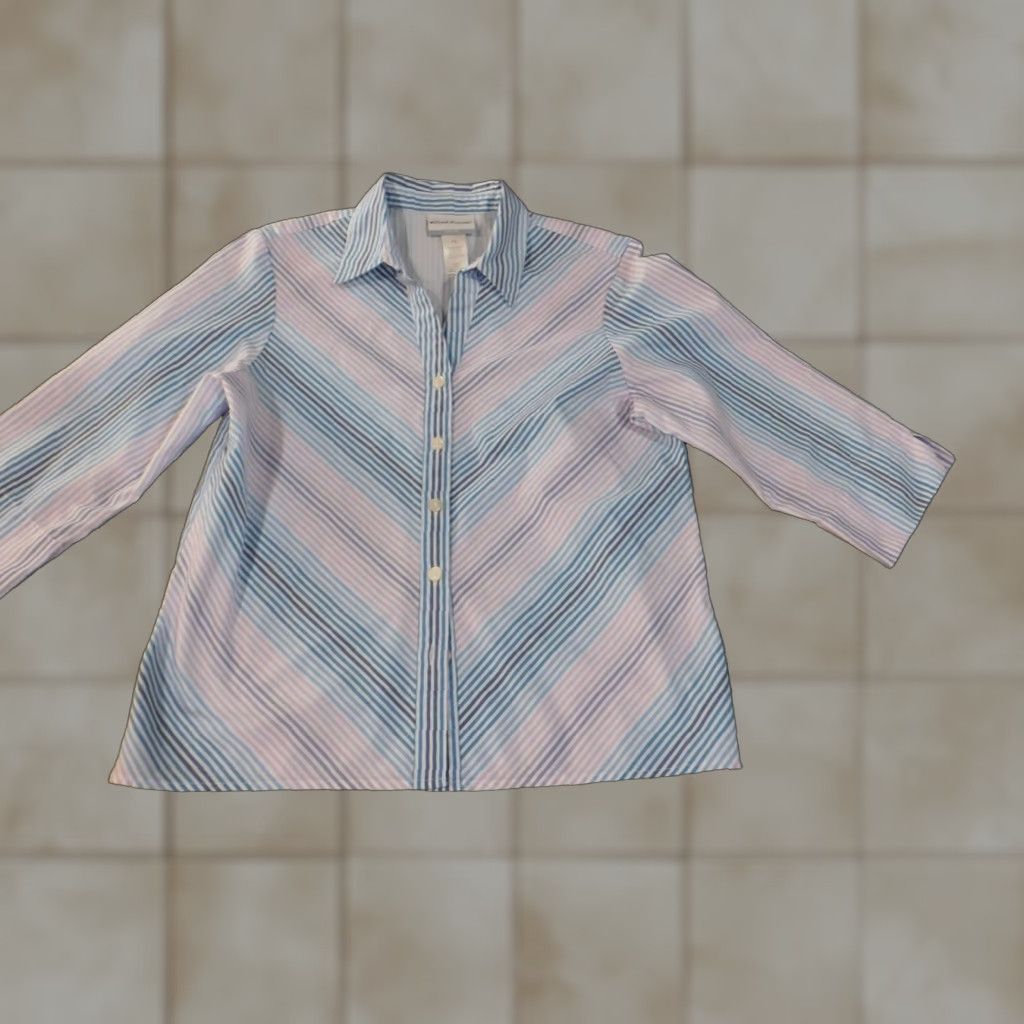 Vintage Alfred Dunner top Button-Up Shirt Petite PS Womens Blue Striped Collared Long Sleeve Polyester Regular Fit Size S / US 4 / IT 40 - 1 Thumbnail