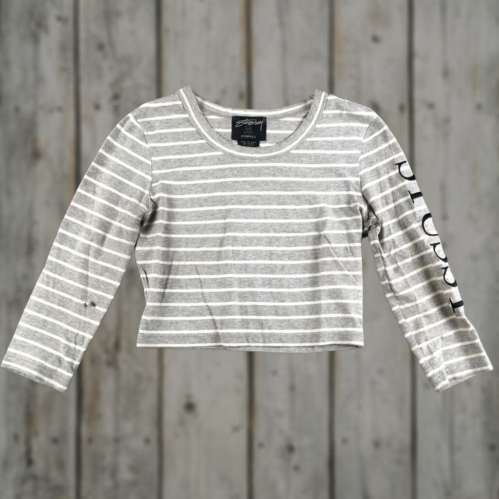 Vintage VINTAGE? STUSSY Cropped Long Sleeve T-Shirt Women XS Gray Embroidered Striped Knit Cotton Blend Shirt Ladies/ Womens? Size XS / US 0-2 / IT 36-38 - 1 Thumbnail