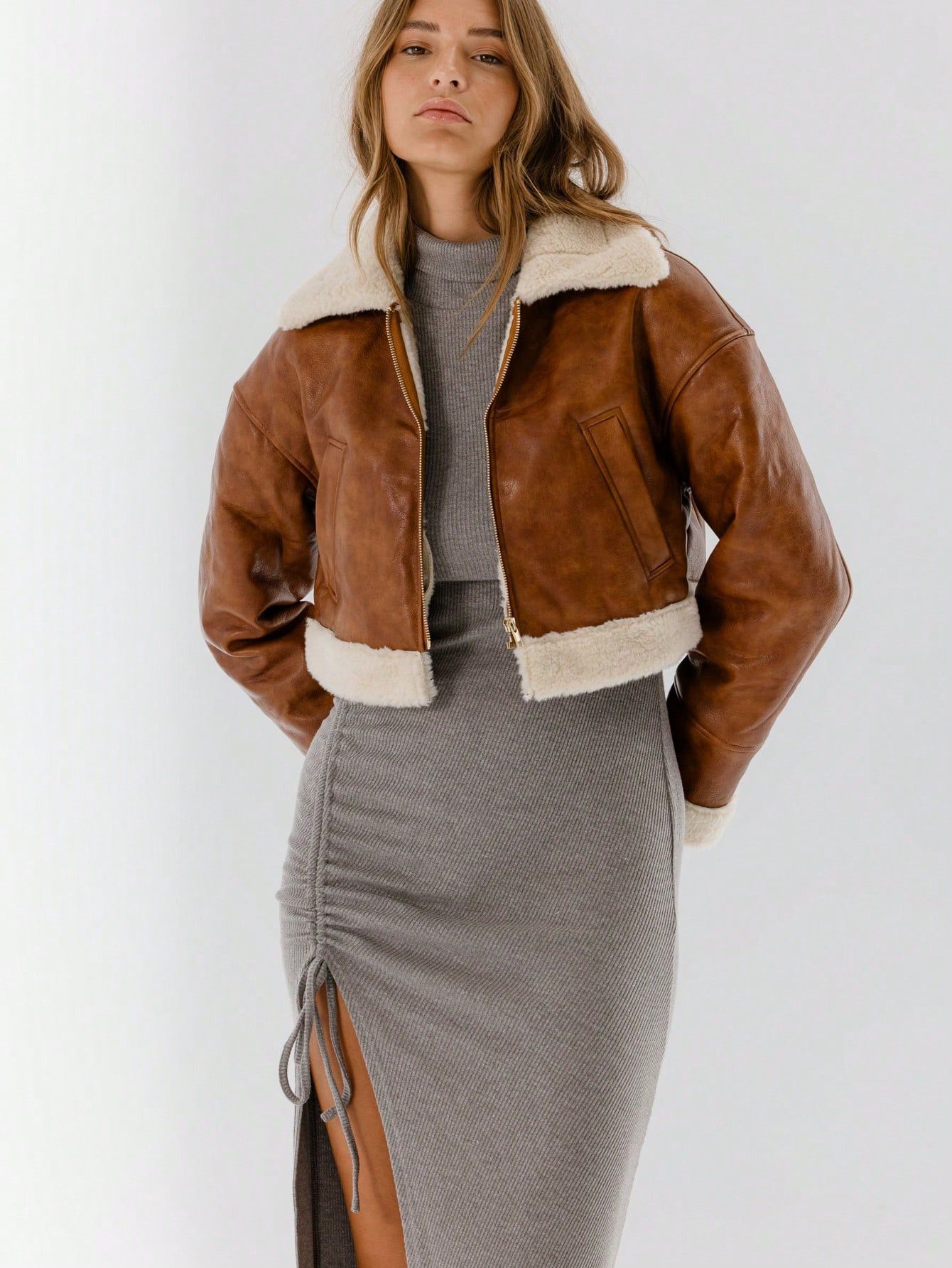 Other Womens Brown Real Leather Aviator Jacket, Shearling Trim Size S / US 4 / IT 40 - 5 Thumbnail