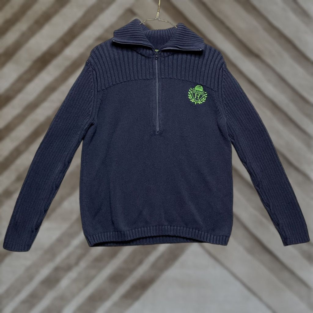 Tommy Hilfiger Sweater Womens XL Blue Pullover Quarter Zip Green Crest Cotton