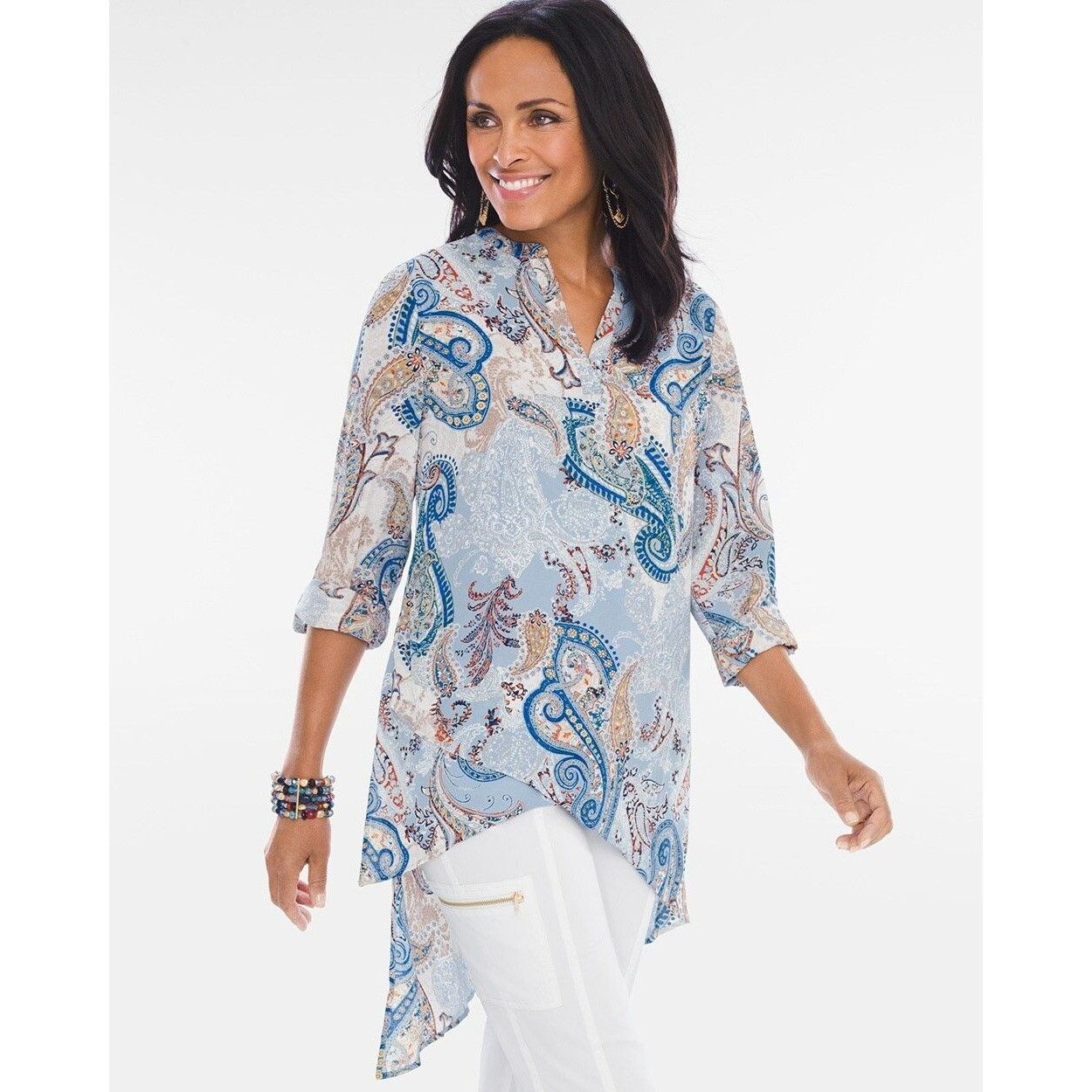 Chicos Chicos Womens Paisley Layered Tunic Top Medium Blue Beige Size M / US 6-8 / IT 42-44 - 1 Thumbnail