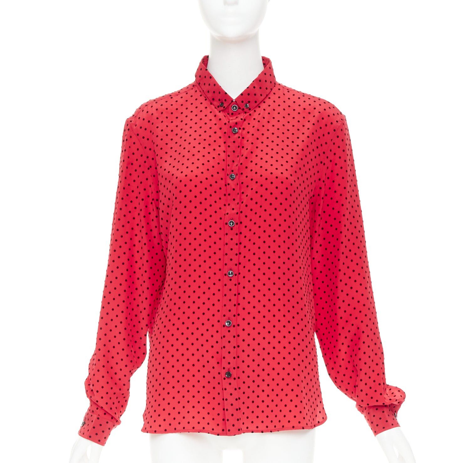 Saint Laurent Paris SAINT LAURENT 2021 red black 100% silk polka dot ladybug velvet print casual shirt FR38 M Size M / US 6-8 / IT 42-44 - 1 Thumbnail