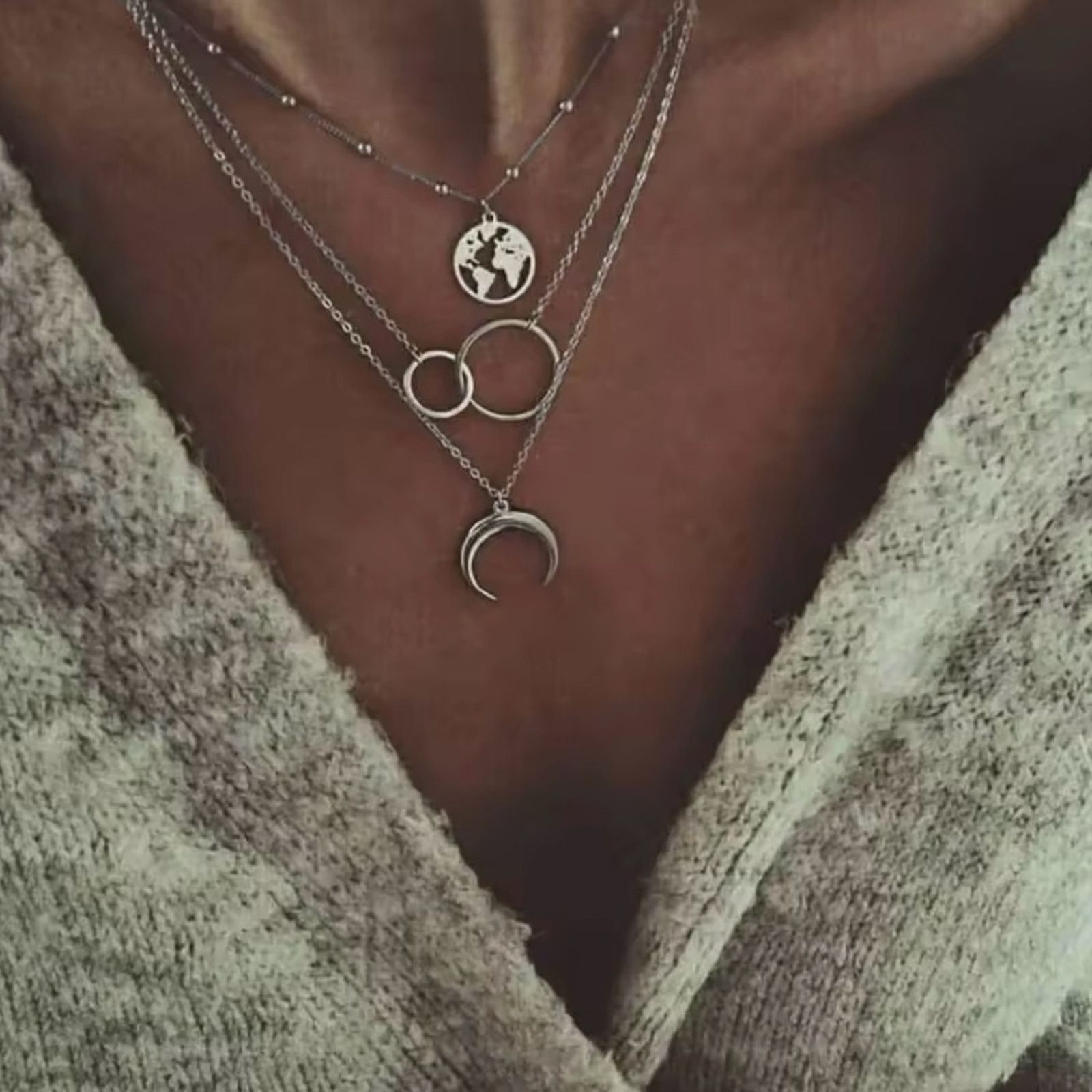 Other Retro Moon World Map Circle Pendant Multilayer Necklace Size ONE SIZE - 1 Thumbnail