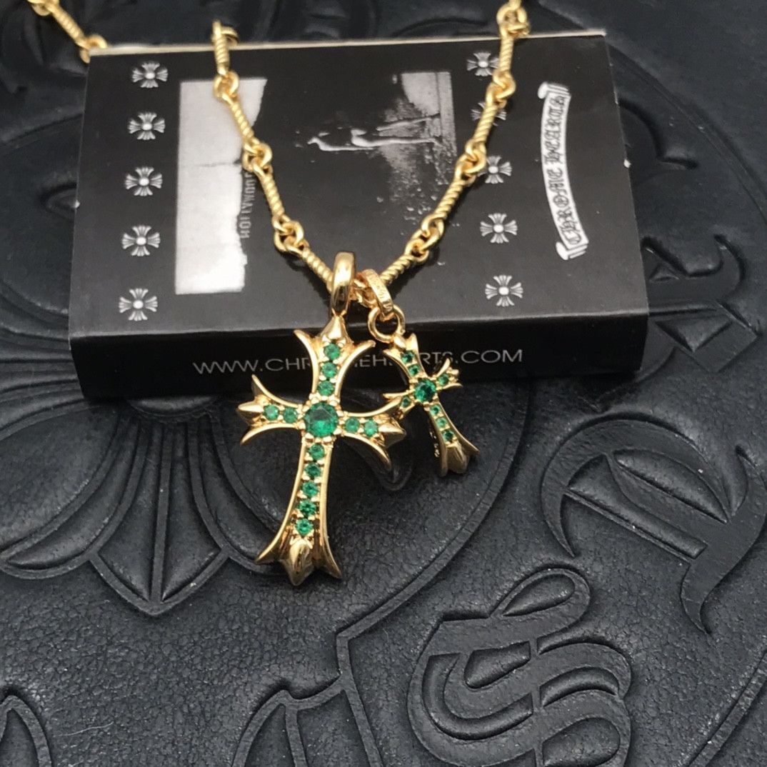 Vintage Green Diamond Double Cross Necklace 50 CM Size ONE SIZE - 1 Thumbnail