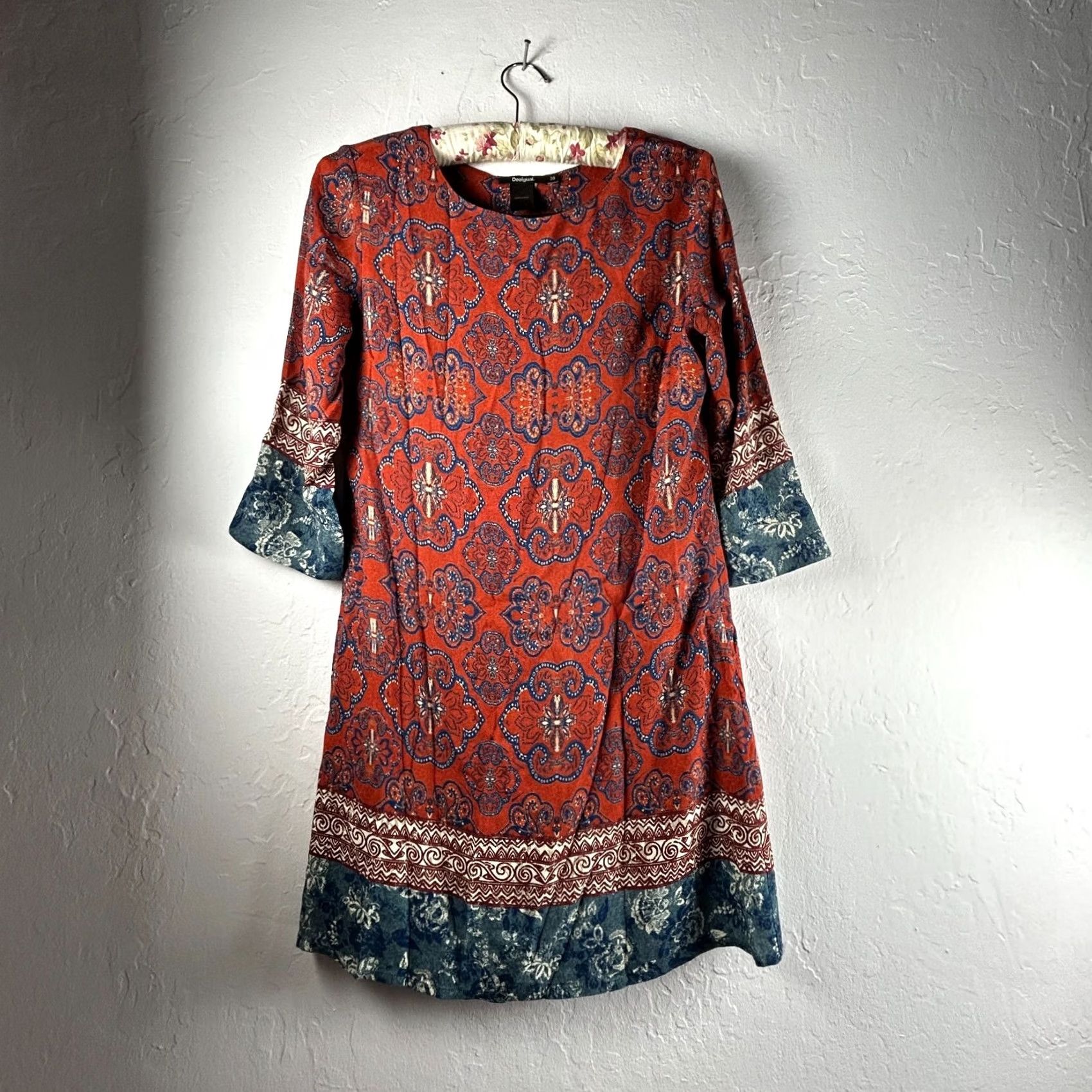 Desigual Desigual Tina Dress 38 Red/Blue Paisley Print 3/4 Sleeve Mini Shift Womens Size XS / US 0-2 / IT 36-38 - 2 Thumbnail