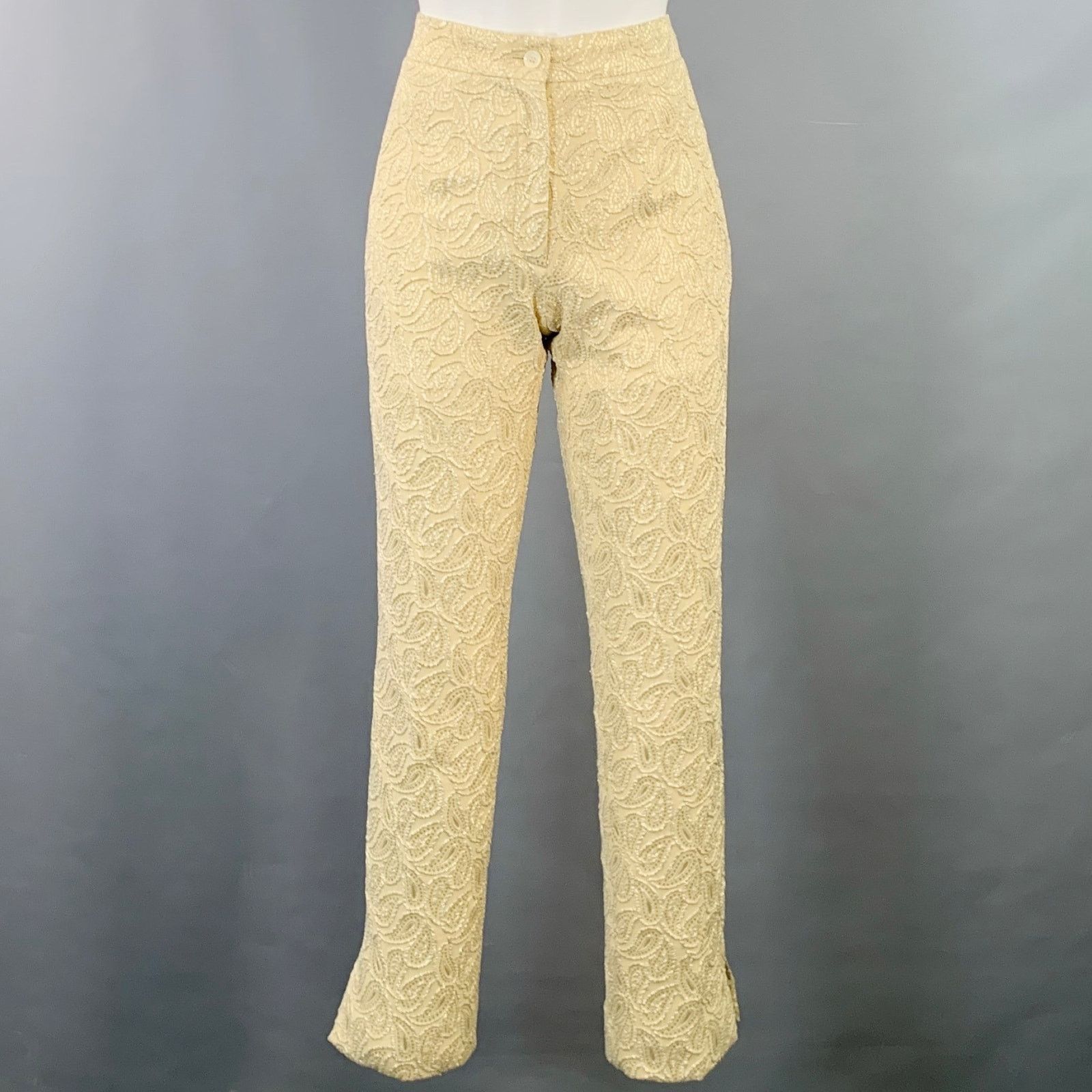 Celine Size XS Cream Silver Jacquard Paisley Straight Dress Pants Size 24" / US 00 / IT 34 - 1 Thumbnail