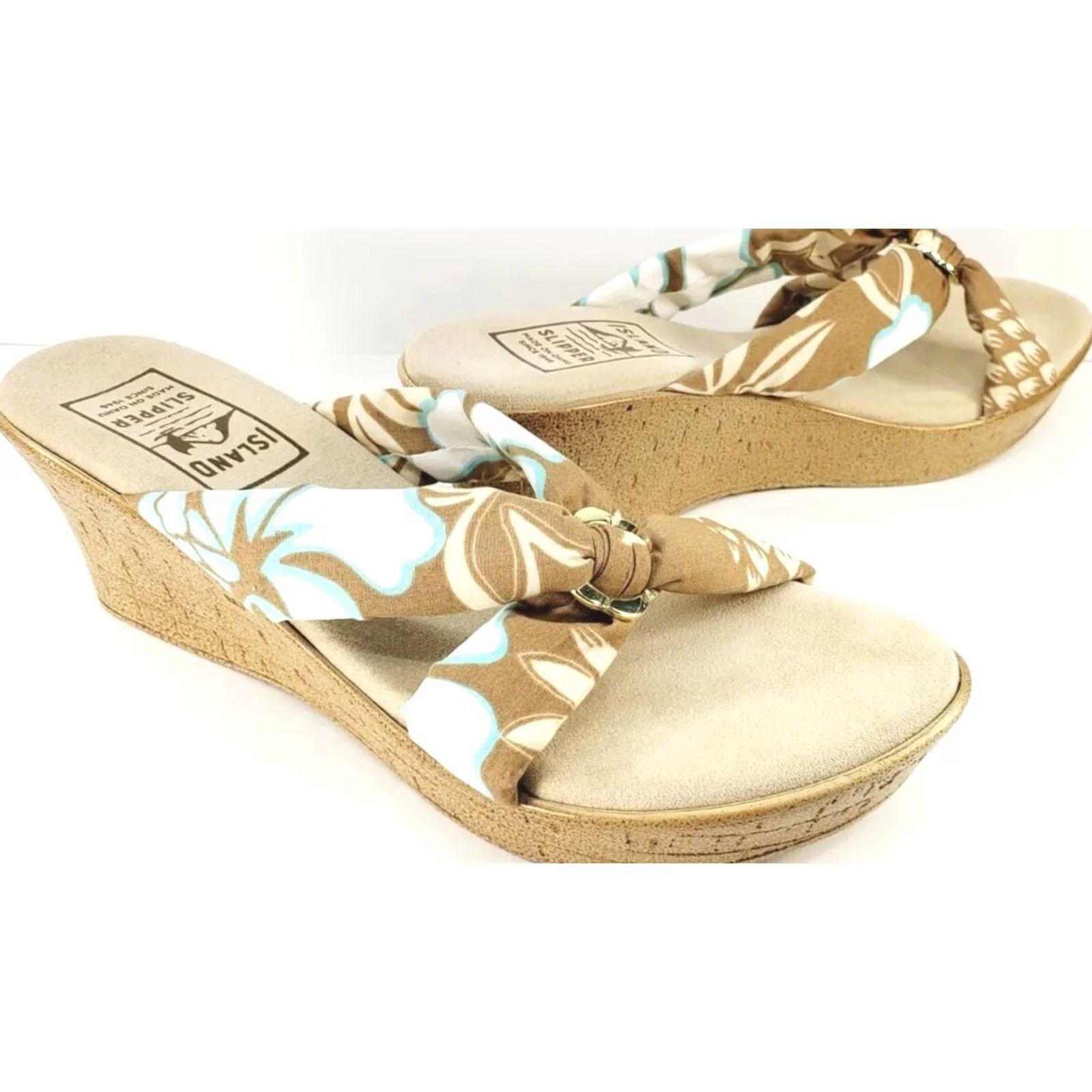 Vintage Island Slipper Women's 10 Brown Blue White Tropical Fabric Slide Wedge Sandal Size US 10 / IT 40 - 2 Thumbnail