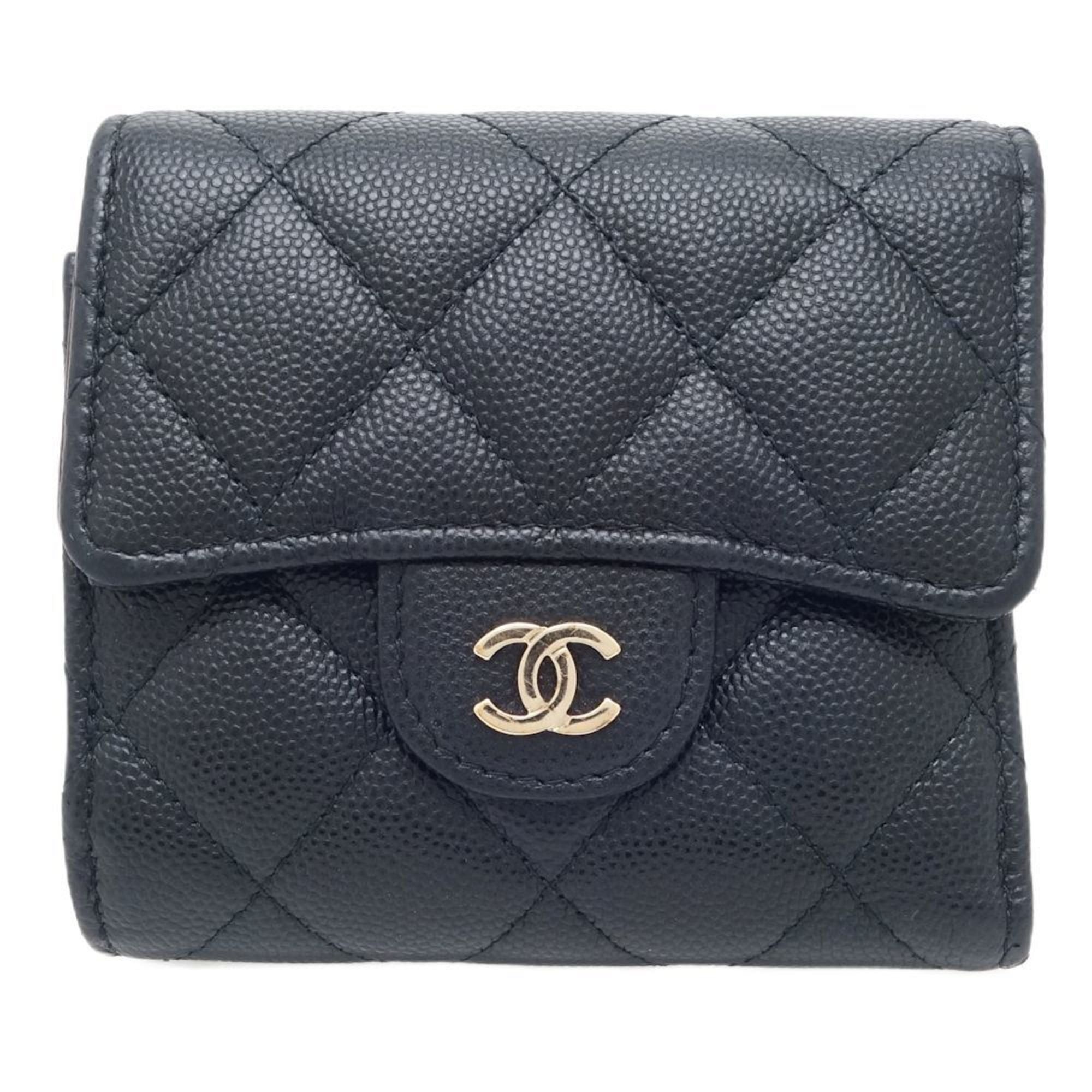 image of Chanel Small Flap Wallet Matelasse Ap0712 Trifold Caviar Skin Black 083663, Women's
