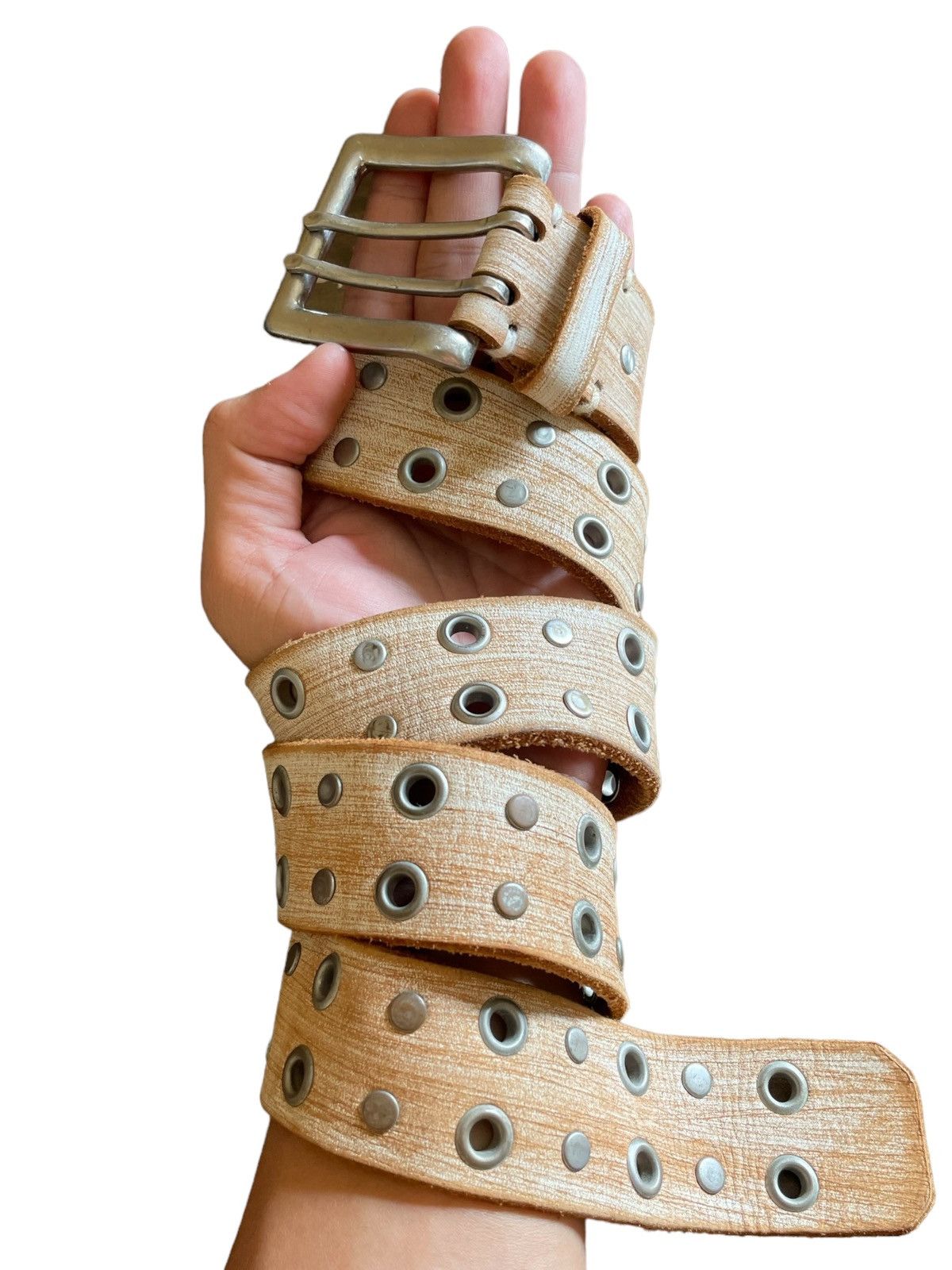 If Six Was Nine × Le Grande Bleu (L.G.B.) Vintage Studded Rivet Leather Wood Style Belt Size ONE SIZE - 1 Thumbnail