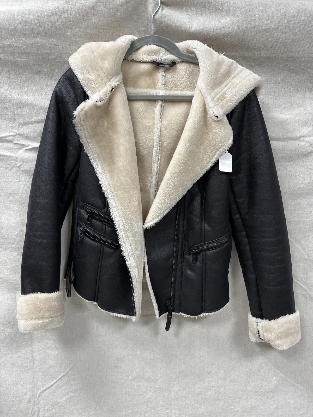 Designer Stylish Black Faux Leather Jacket with Cream Shearling Linin Size L / US 10 / IT 46 - 1 Thumbnail