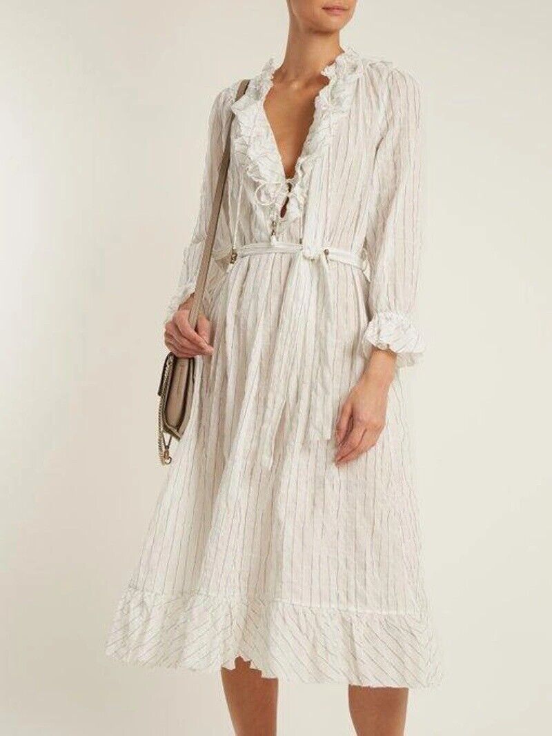 image of Zimmermann Striped Midi Length Dress in White, Women's (Size Small)