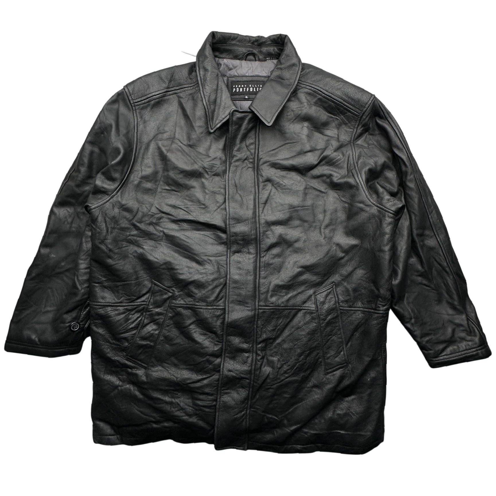 Perry Ellis Perry Ellis Portfolio Leather Jacket Mens XL Full Zip Black Wool Blend Lined Coat Overcoat Mens XL Leather Jacket Size US XL / EU 56 / 4 - 2 Thumbnail