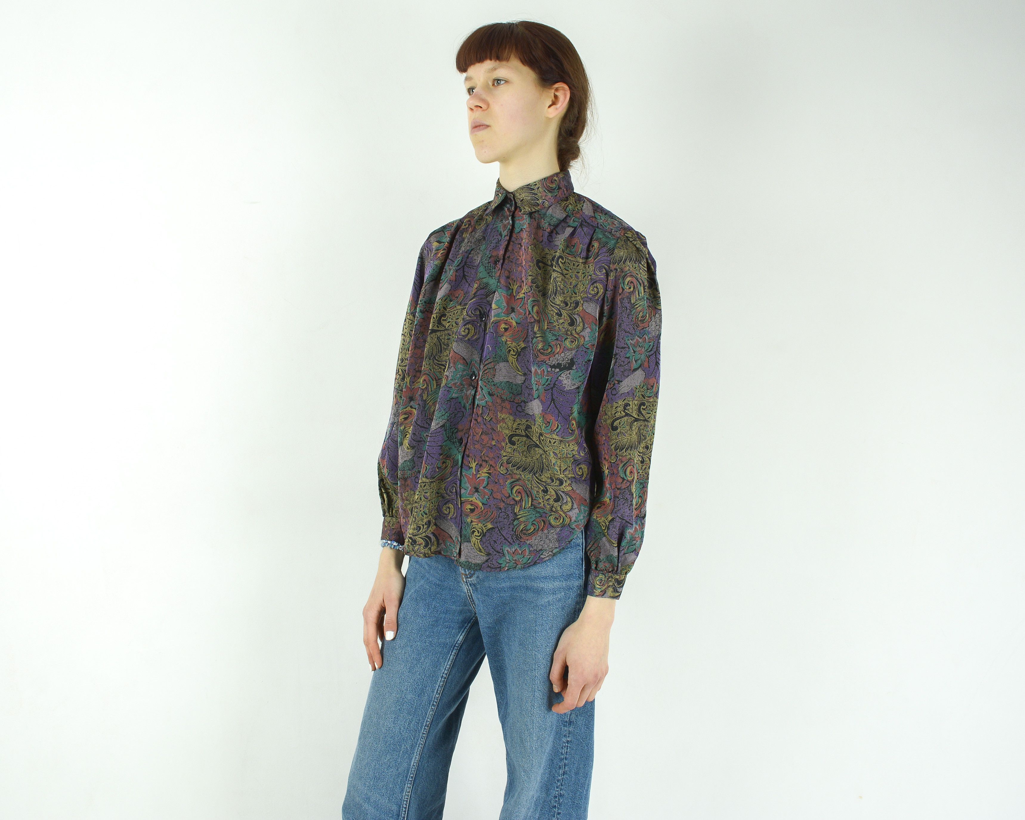 Other × Vintage HA-Gi TEKS Button Up Shirt Shoulder Padded Blouse Patterned Size XS / US 0-2 / IT 36-38 - 2 Thumbnail