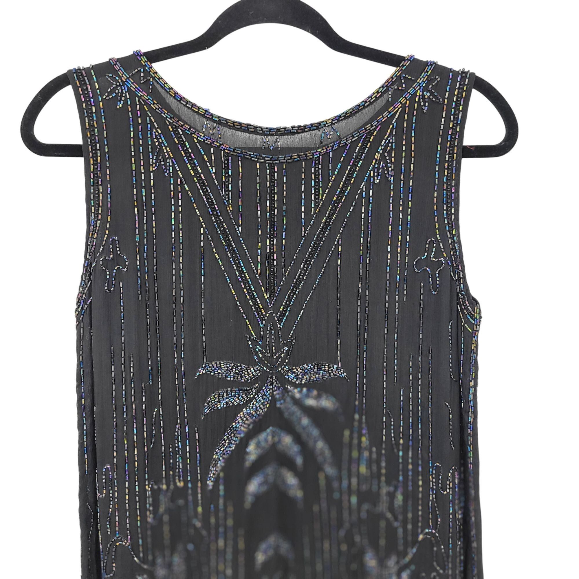 Vintage Vtg 80s Does 20s Black Oil Slick Beaded Silk Flapper Dress S Size M / US 6-8 / IT 42-44 - 8 Thumbnail