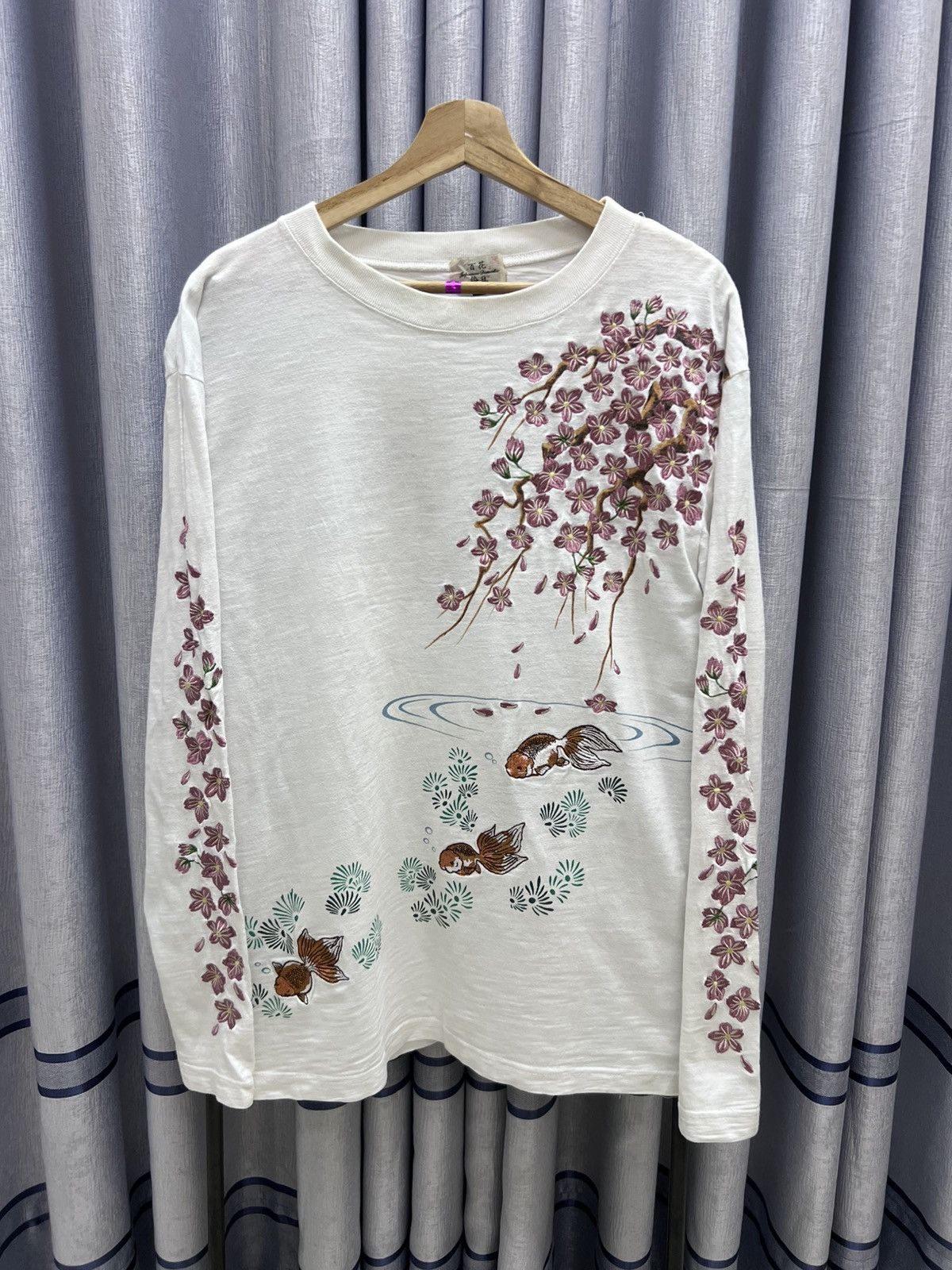 Japanese Brand Japanese Sukajan Sakura Gold fish Embroided Long Sleeve Tee Size US XL / EU 56 / 4 - 1 Thumbnail