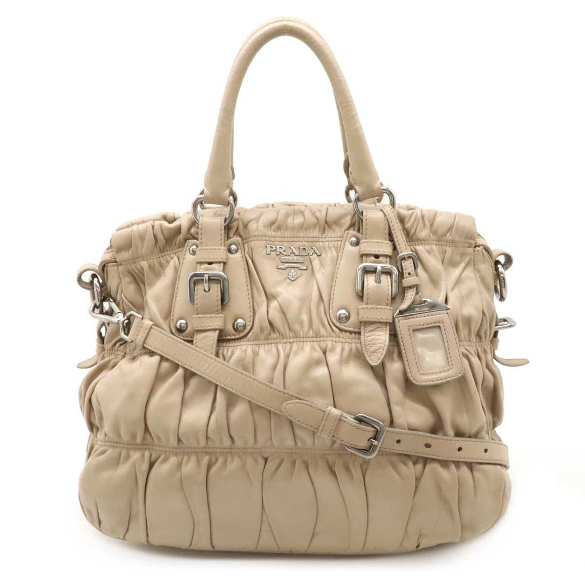 Prada Gathered Tote Bag Handbag Shoulder Leather Pink Beige Bn1336, Women's