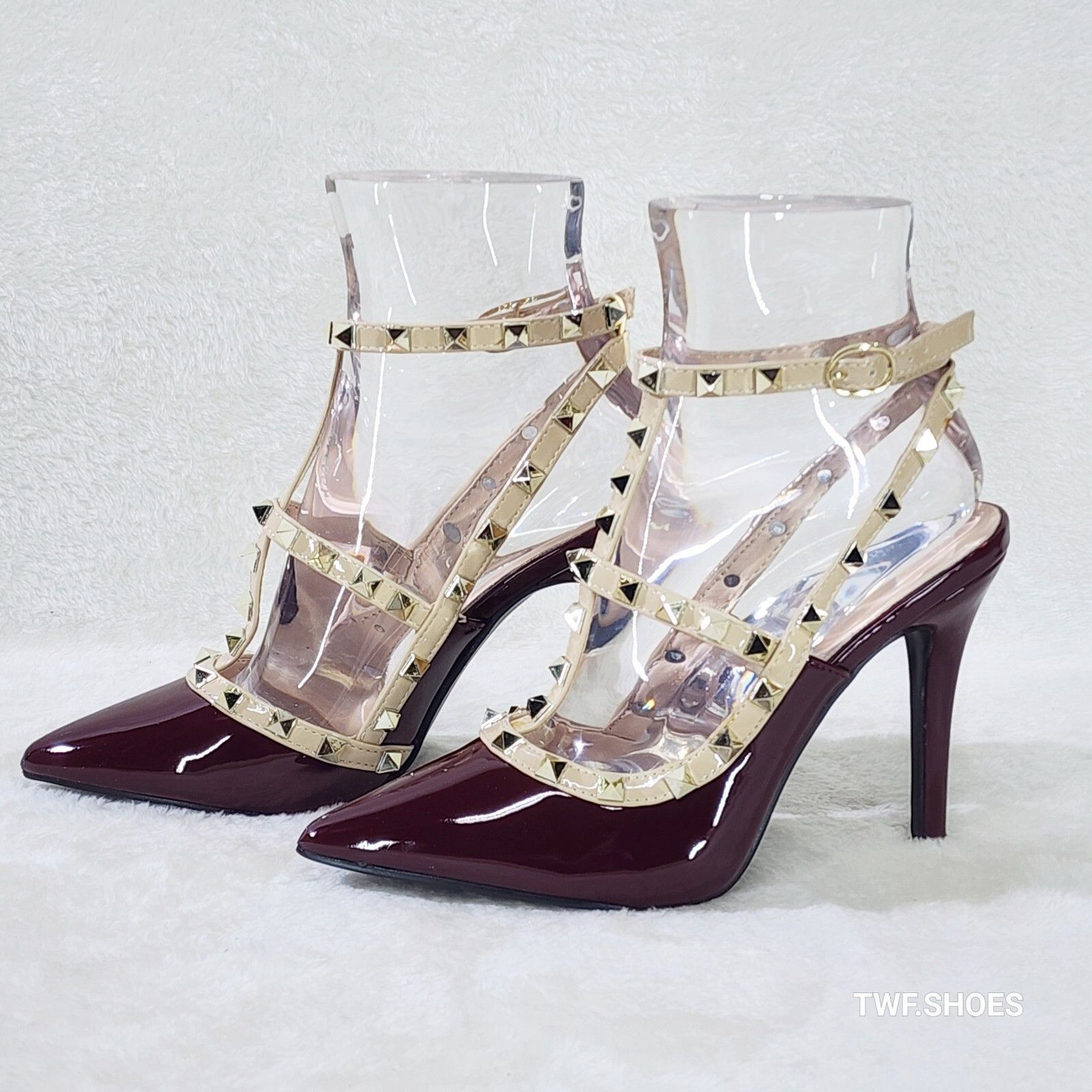 Other Caged Burgundy Red Patent Studded Strappy Stiletto High Heel Size US 7.5 / IT 37.5 - 5 Thumbnail