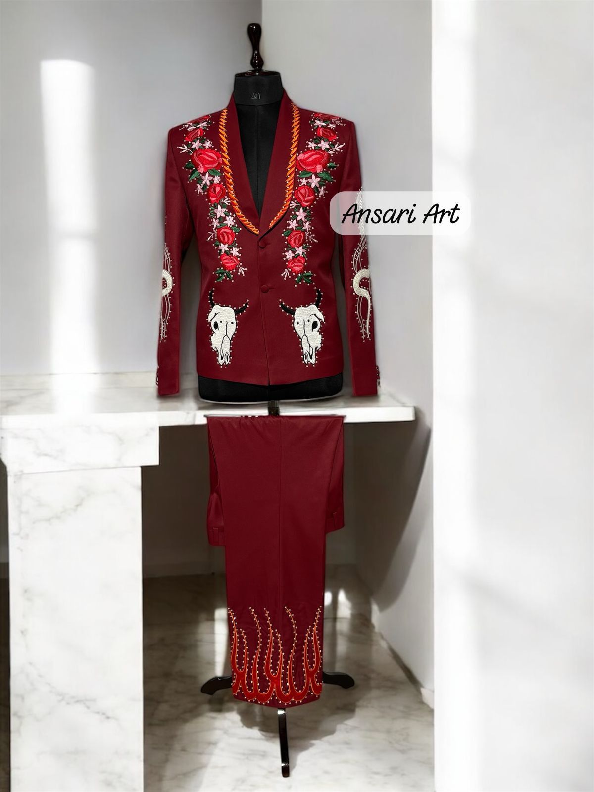 Other Men 2PC Customized floral embroidery cocktail prom outfit Size 42L - 2 Thumbnail