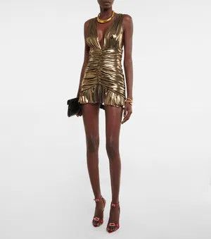 Saint Laurent Paris o1s1wg111024 V-Neck Mini-Dress in Laminated Jersey in Golden Size XS / US 0-2 / IT 36-38 - 3 Thumbnail