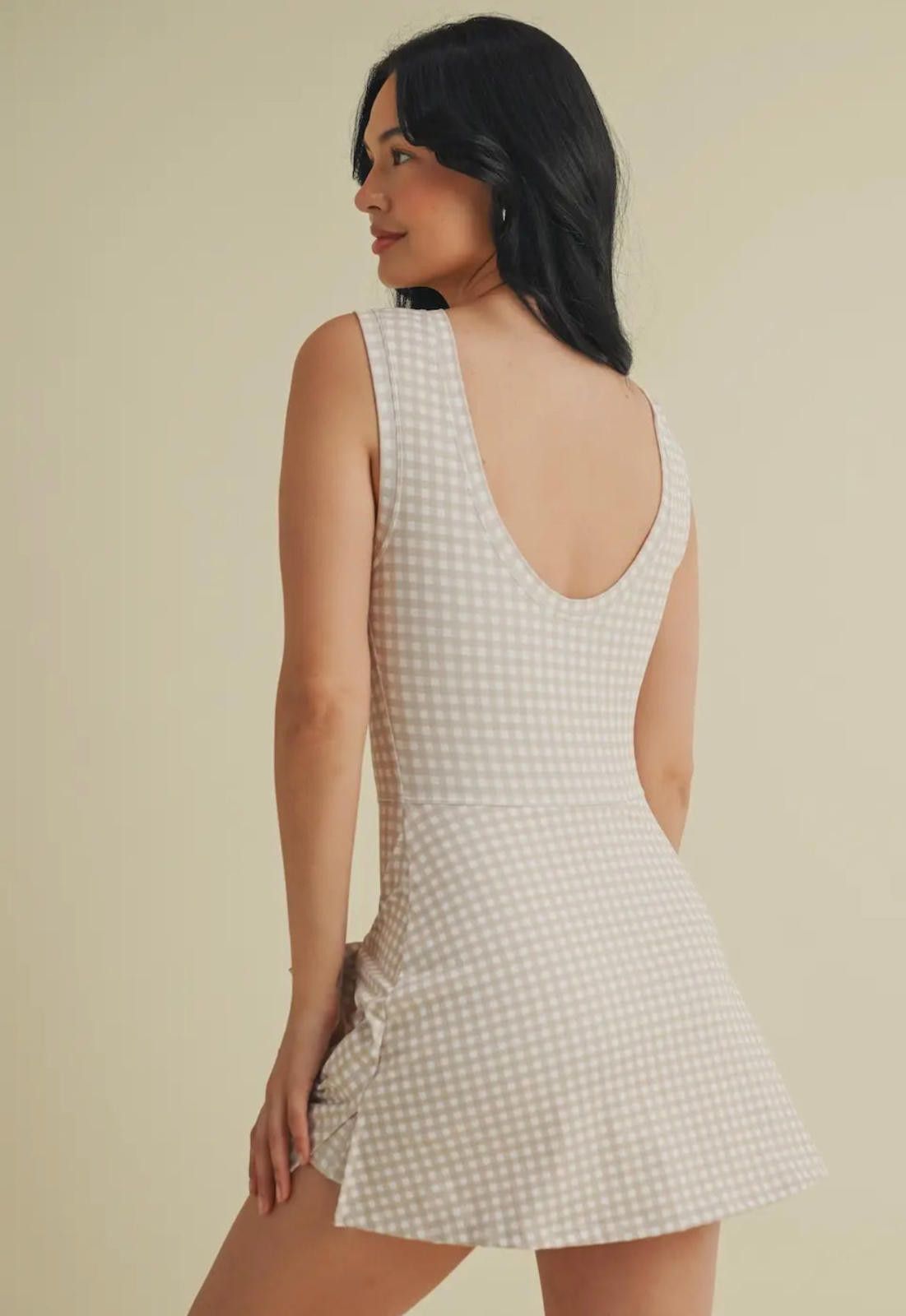 Christian Kimber Gingham Beige Print Sleeveless Wrap Tie Front Dress Size S / US 4 / IT 40 - 4 Thumbnail
